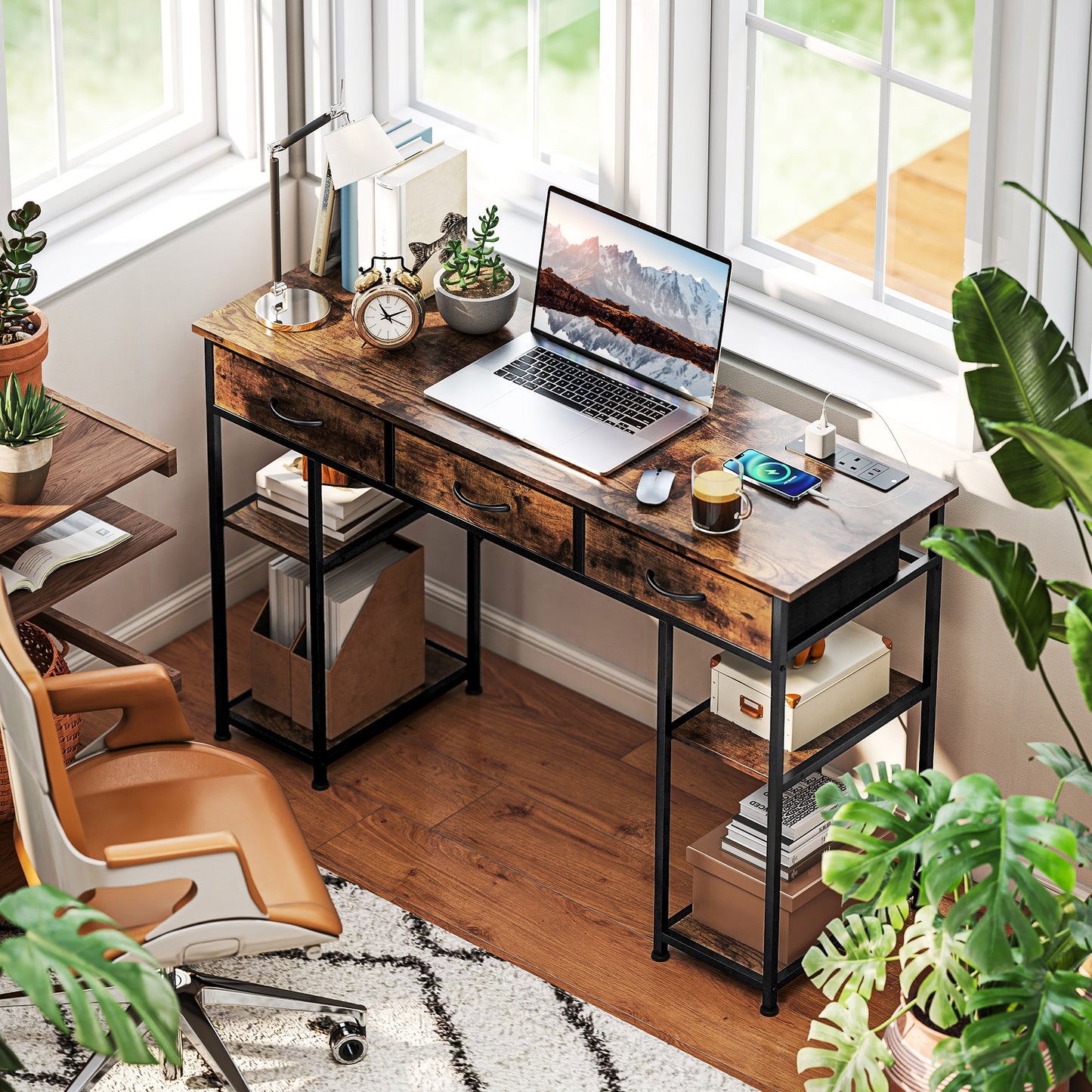120cm Computer Desk with Power Outlets, Office Desk Study Table with Fabric Drawers and Storage Shelves, Rustic Brown