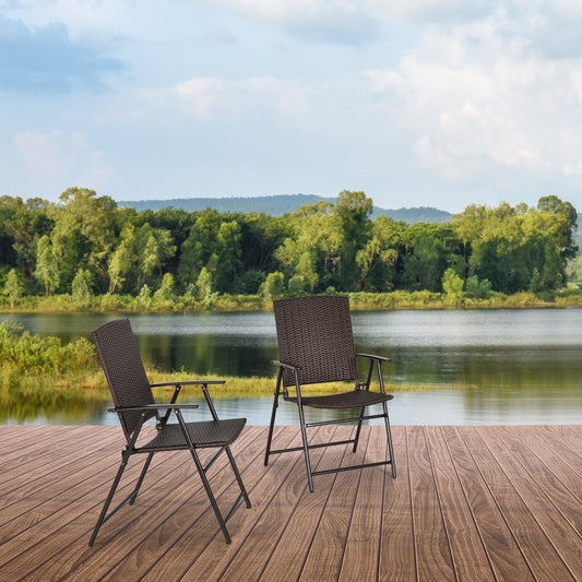 Set of 2 Folding Rattan Garden Chairs | UV & Water Resistant PE Rattan | Steel Frame | Foldable | Floor Pads | 56x63x94cm | 110kg Per Chair | Brown