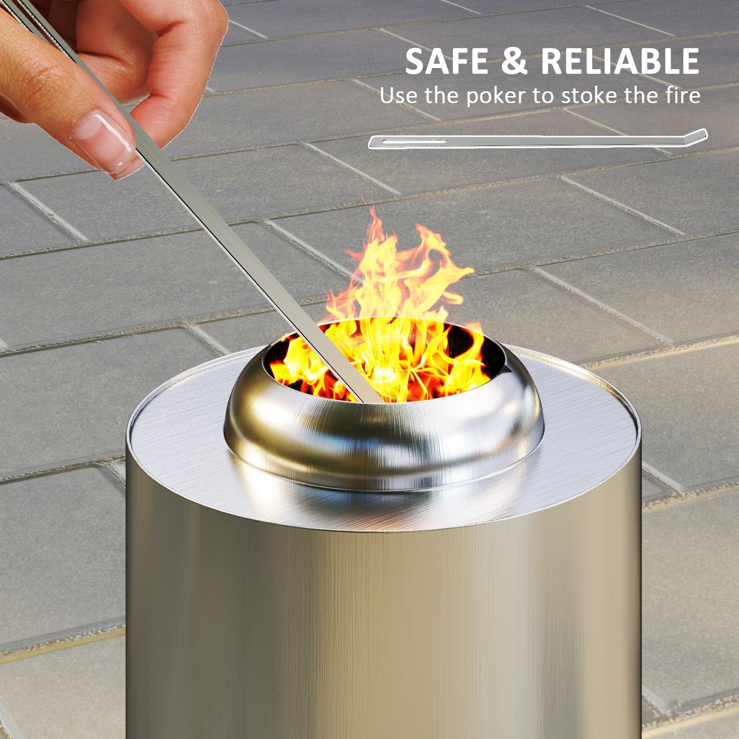 Outsunny Smokeless Fire Pit, 16 x 16 cm Stainless Steel Portable Wood Burning Firepit with Poker for Garden Camping Bonfire Party, Silver Tone