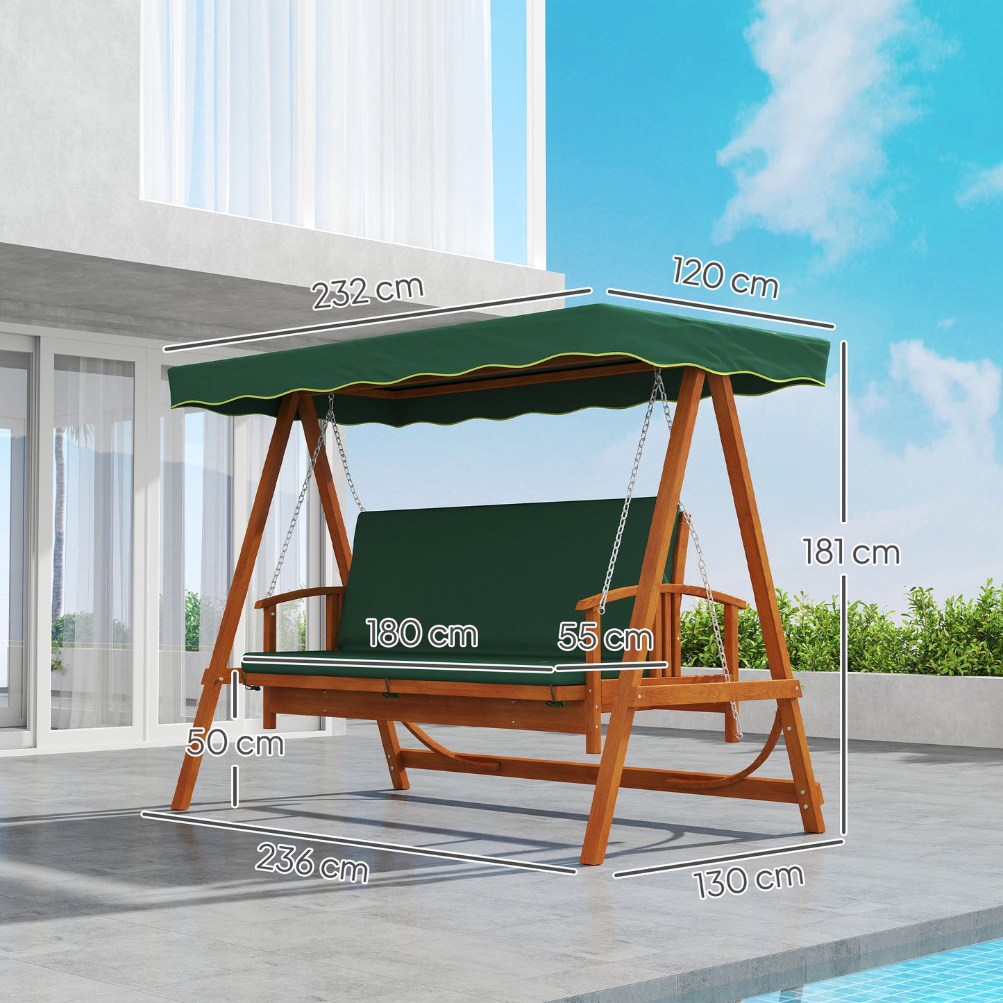 3 Seater 2-in-1 Wooden Garden Swing Seat Chair Bed Outdoor Convertible Hammock Bench Furniture Lounger