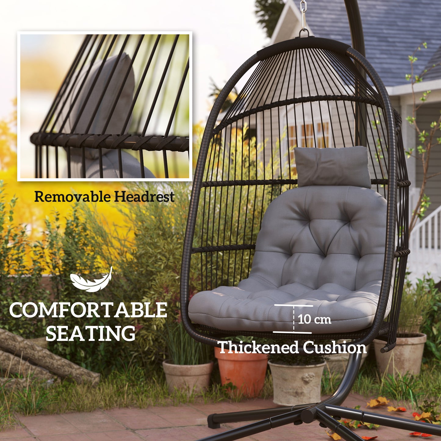Outsunny Rattan Hanging Egg Chair with Stand, Foldable Wicker Swing Egg Chair with Cushion, Head Pillow, Steel Frame, Hammock Chair