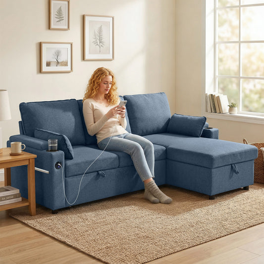 Corner Sofa Bed, L Shaped Sleeper Sectional Sofa with Reversible Storage Chaise, Blue / Grey