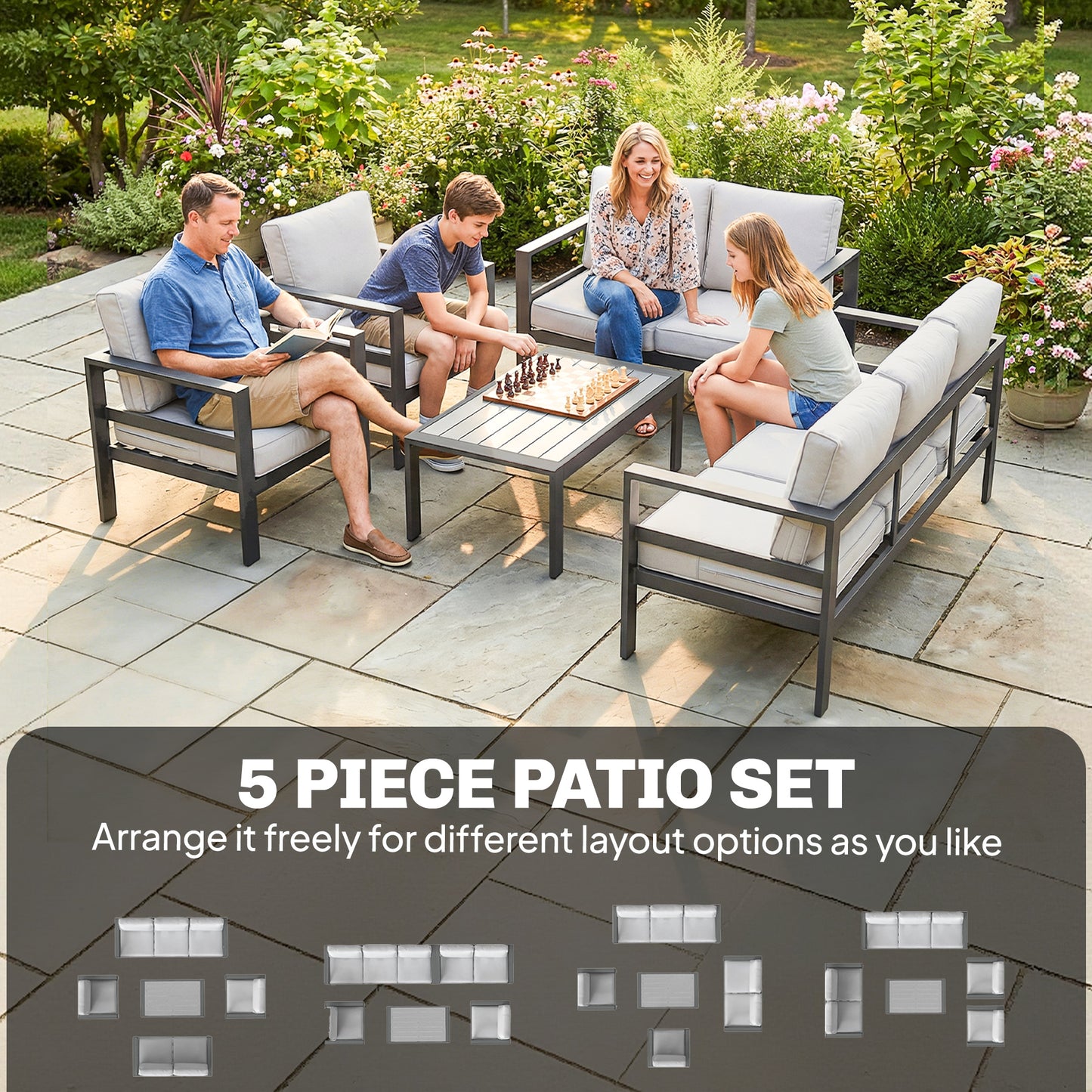 5-Piece Aluminium Garden Sofa Set | 64cm Deep Seats | 220GSM Olefin Cushions | Wood-Effect Table | 360kg | Dark Grey