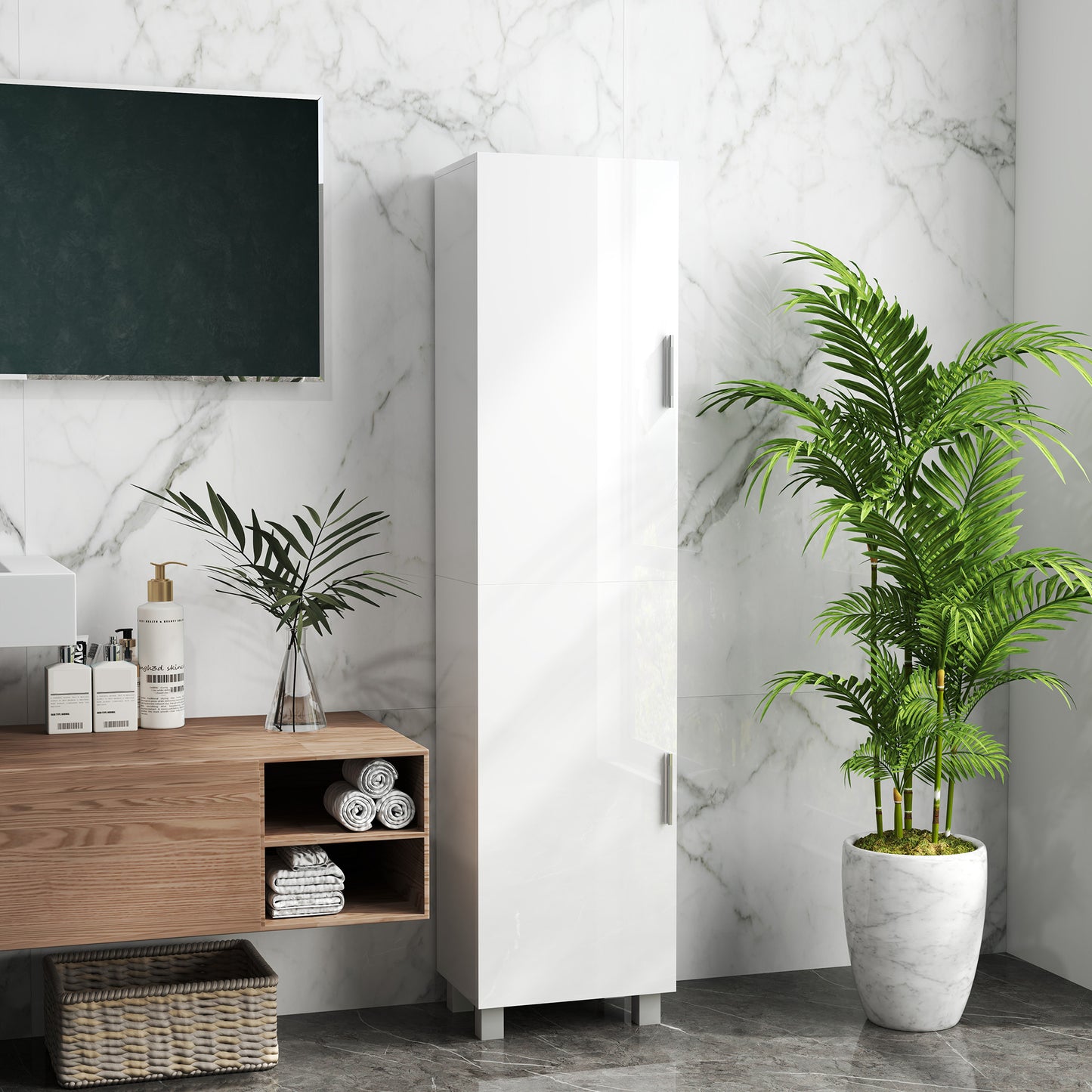 Tall Bathroom Cabinet, Freestanding Bathroom Cabinet with Adjustable Shelves and Double Doors