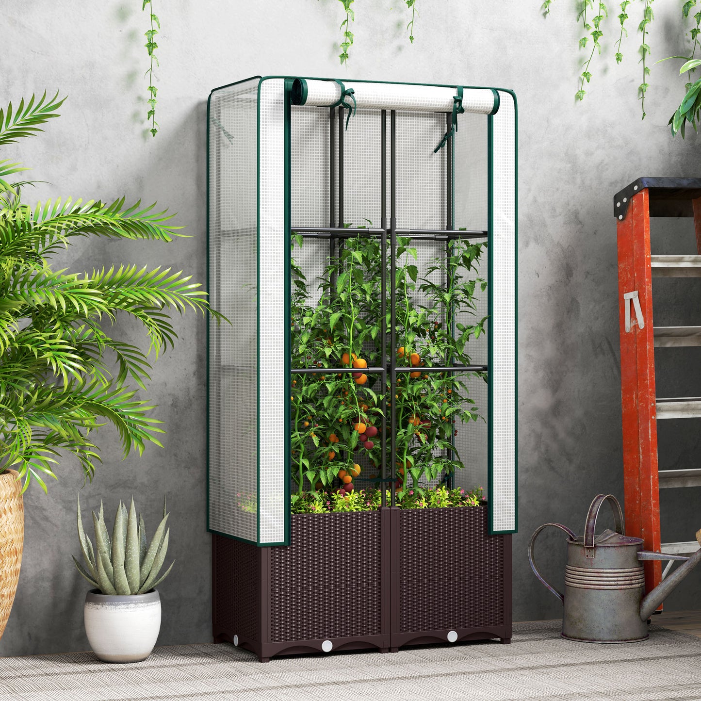 Raised Garden Bed with Trellis, Plastic Planter Box with Drainage Holes and Drain Plugs for Climbing Plants, Vegetables, Flowers