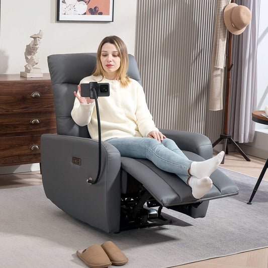 Electric Recliner Armchair with USB + Type C Charge Port, Phone Holder, PU Leather Reclining Chair for Home, Grey