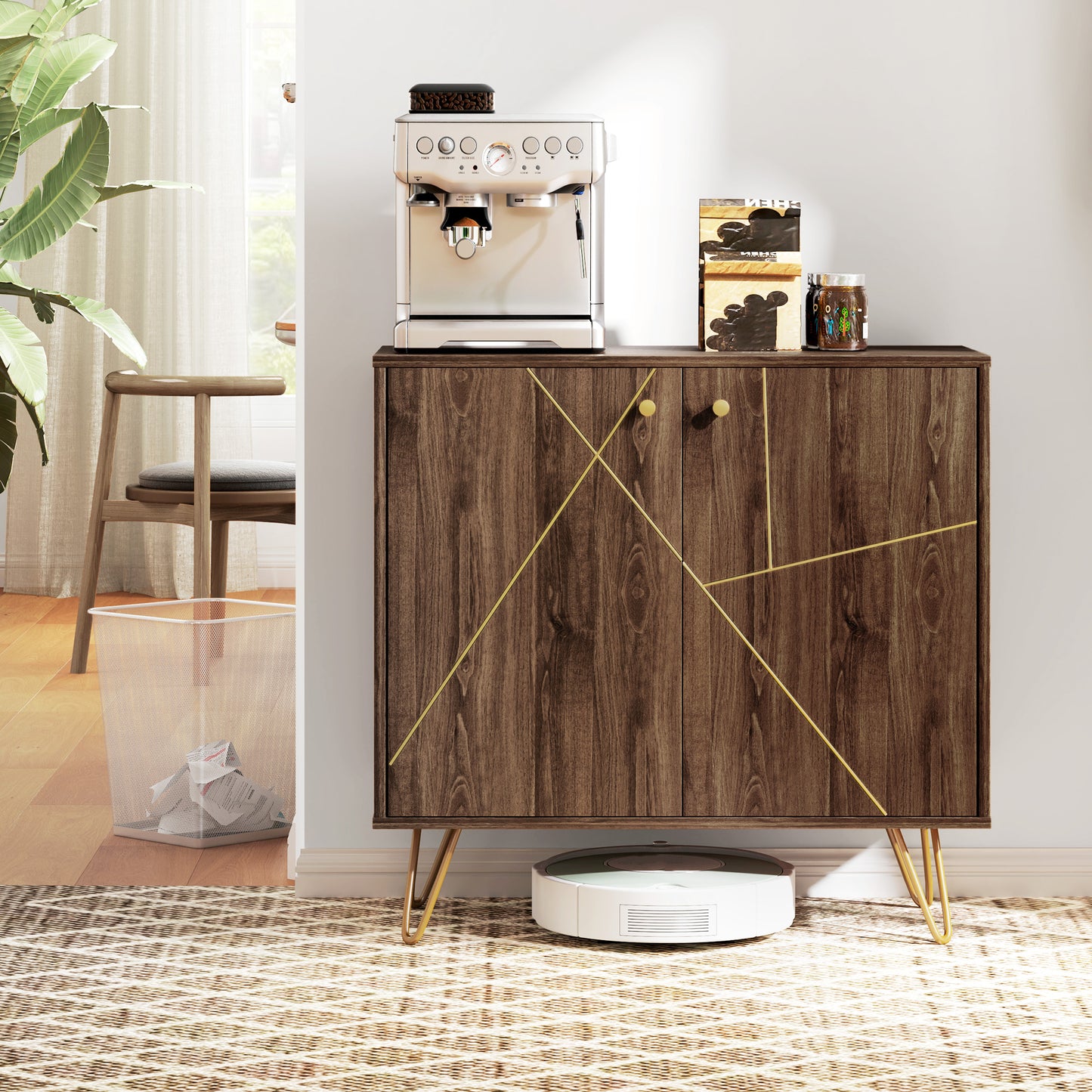 Sideboard Storage Cabinet with Golden Steel Lines, modern rustic Kitchen Buffet Cabinet W/ Adjustable Shelf Steel Legs Brown