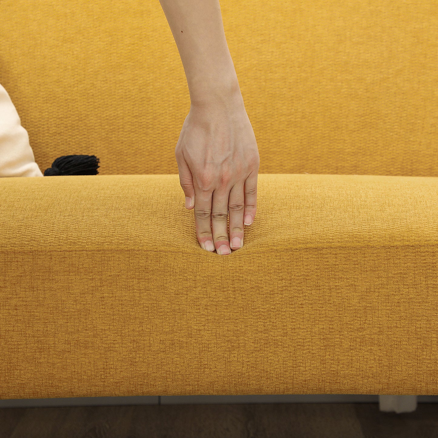 Vintage Retro Style Velvet Feel Fabric 2 Seater Sofa, Small Sofa Loveseat with 21cm Thick Padding and Wood Legs, Yellow