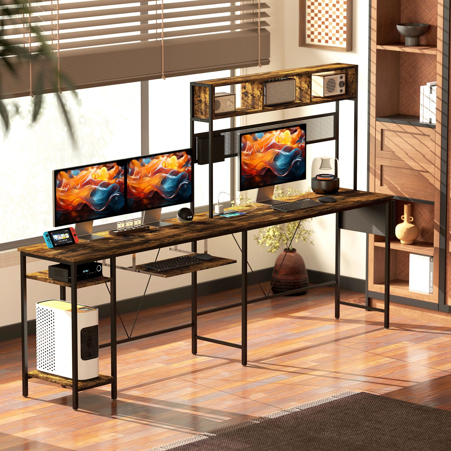 160cm Reversible L Shaped Desk with Power Outlet, Industrial Corner Desk with Storage Shelves and Keyboard Tray, 240cm Long For 2 Person