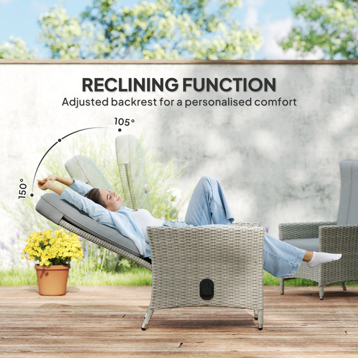 Rattan Garden Recliner Chair, Wicker Reclining Armchair with Adjustable Backrest and Cushion, Outdoor Lounge Sun Lounger with Armrests