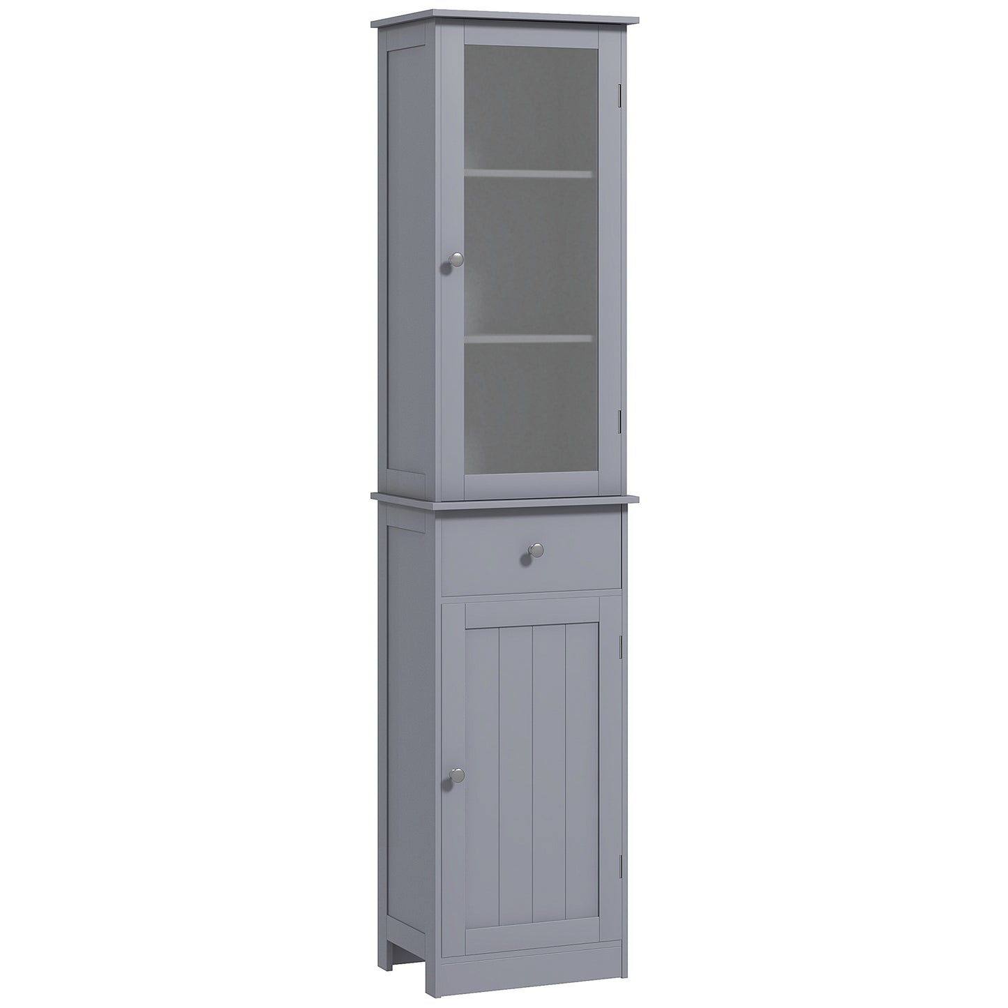 Tall Slim Bathroom Storage Cabinet | 3 Open Shelves | Drawer | Bottom Cupboard | Acrylic Display Panel | E1 MDF | Anti-Tipping Straps | 40x27x171.5cm | 27kg Total | White / Grey
