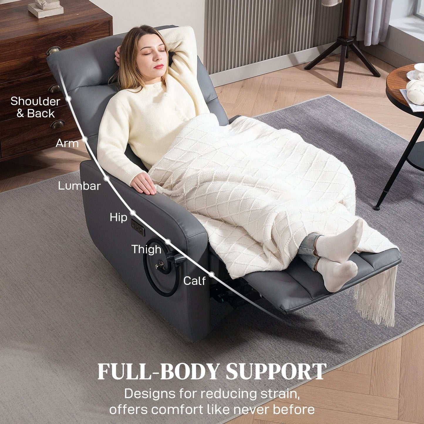 Electric Recliner Armchair with USB + Type C Charge Port, Phone Holder, PU Leather Reclining Chair for Home, Grey