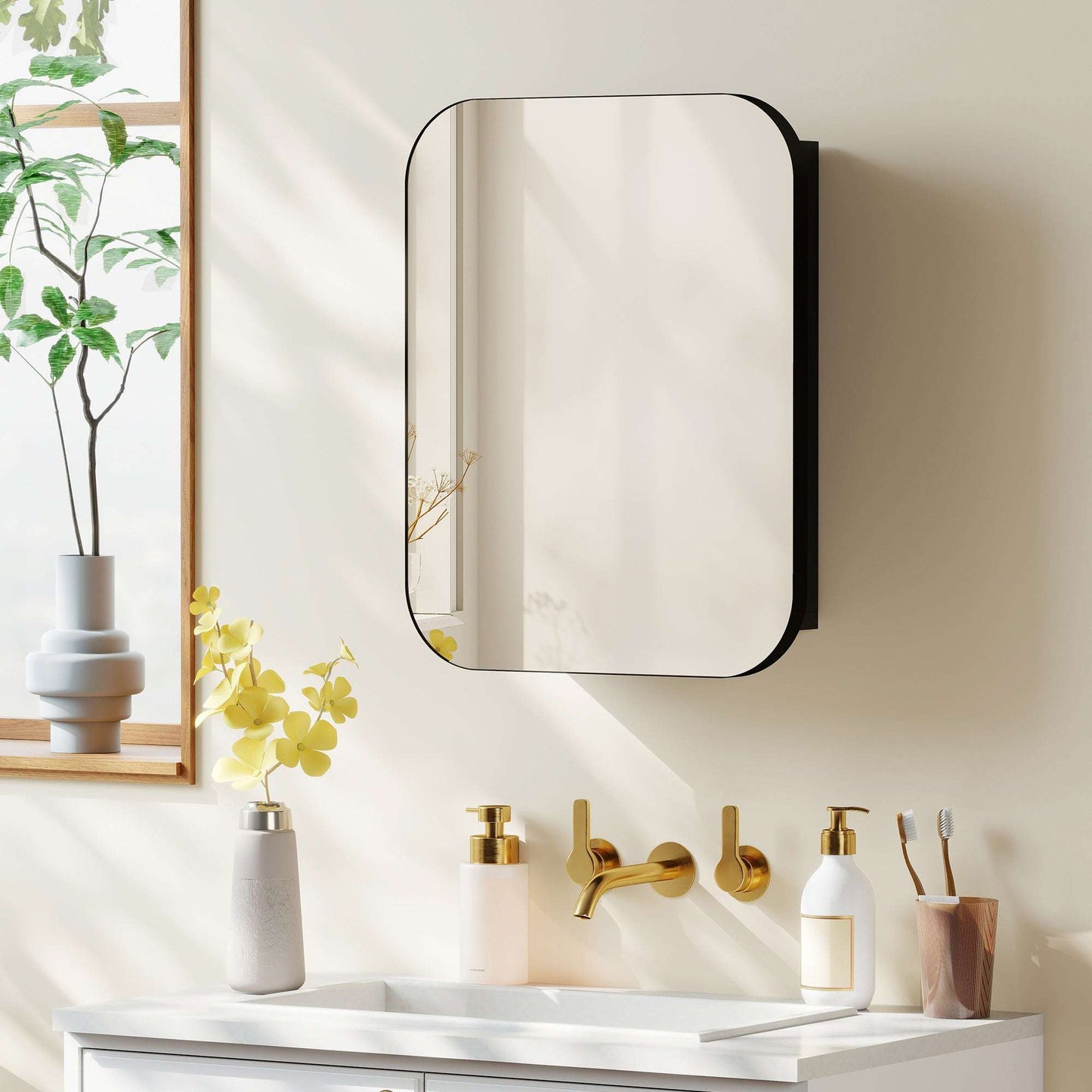 Bathroom Mirror Cabinet | Wall Mounted | 2 Adjustable Shelves | Soft Close Hinges | Arc Mirror | 40x10x51cm | 6kg | Black
