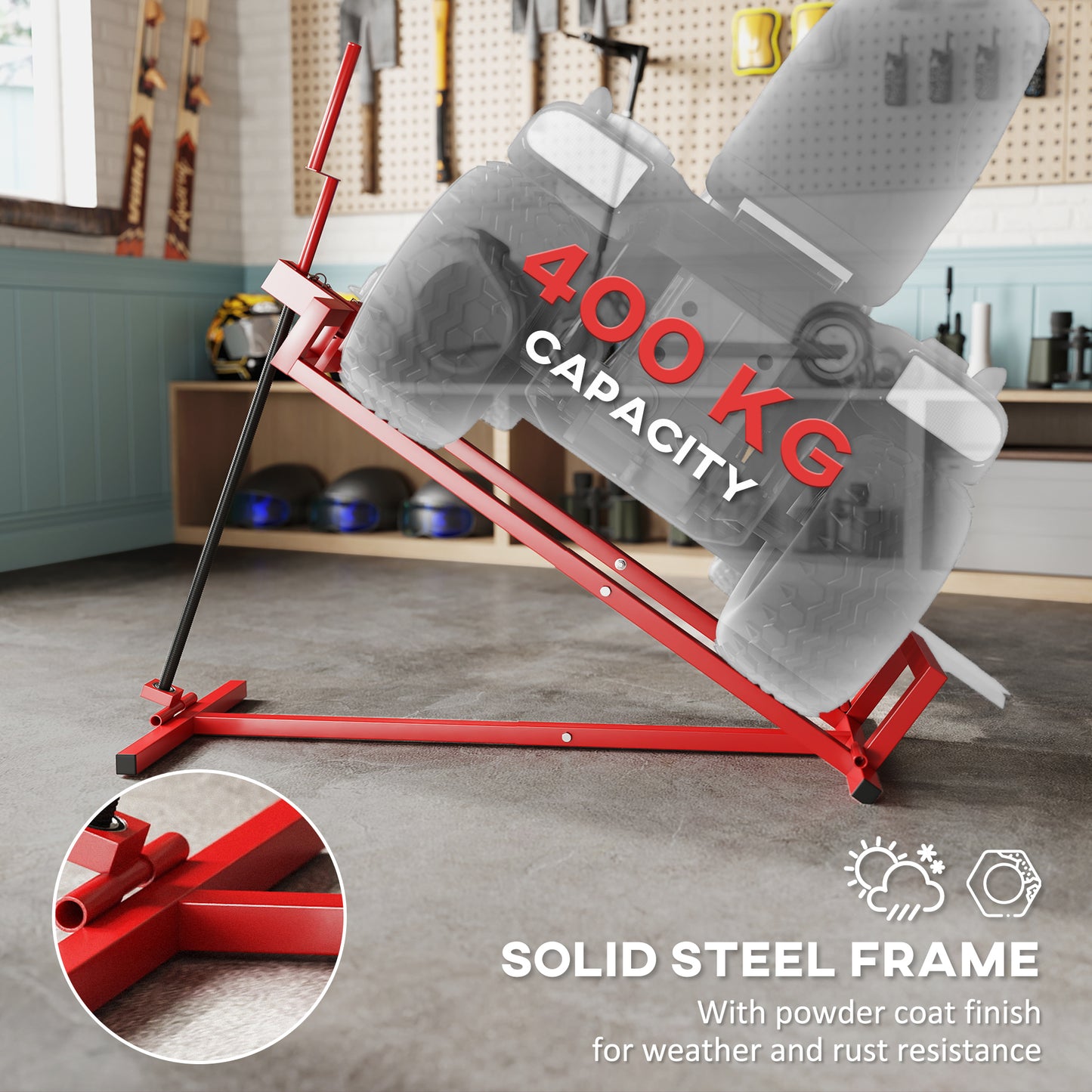 400 kg Foldable Ride-On Mower Jack Lift, Adjustable Steel Lifting Device, for Lawn Mower, ATV, Red