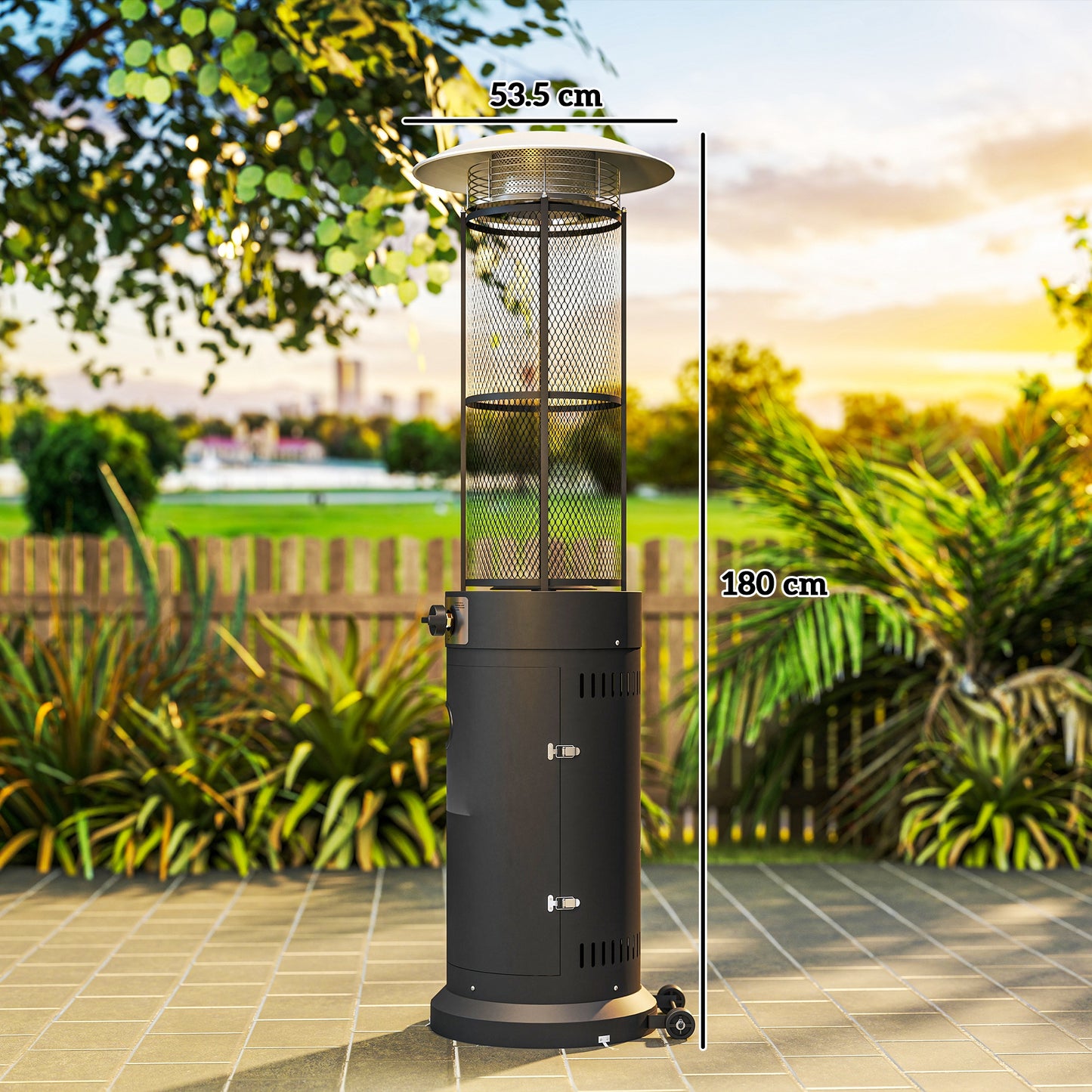 11 KW Freestanding Gas Patio Heater, Adjustable Outdoor Garden Propane Heater with Tip-Over Switch, Wheels, Pulse Ignition, Tank Room with Door