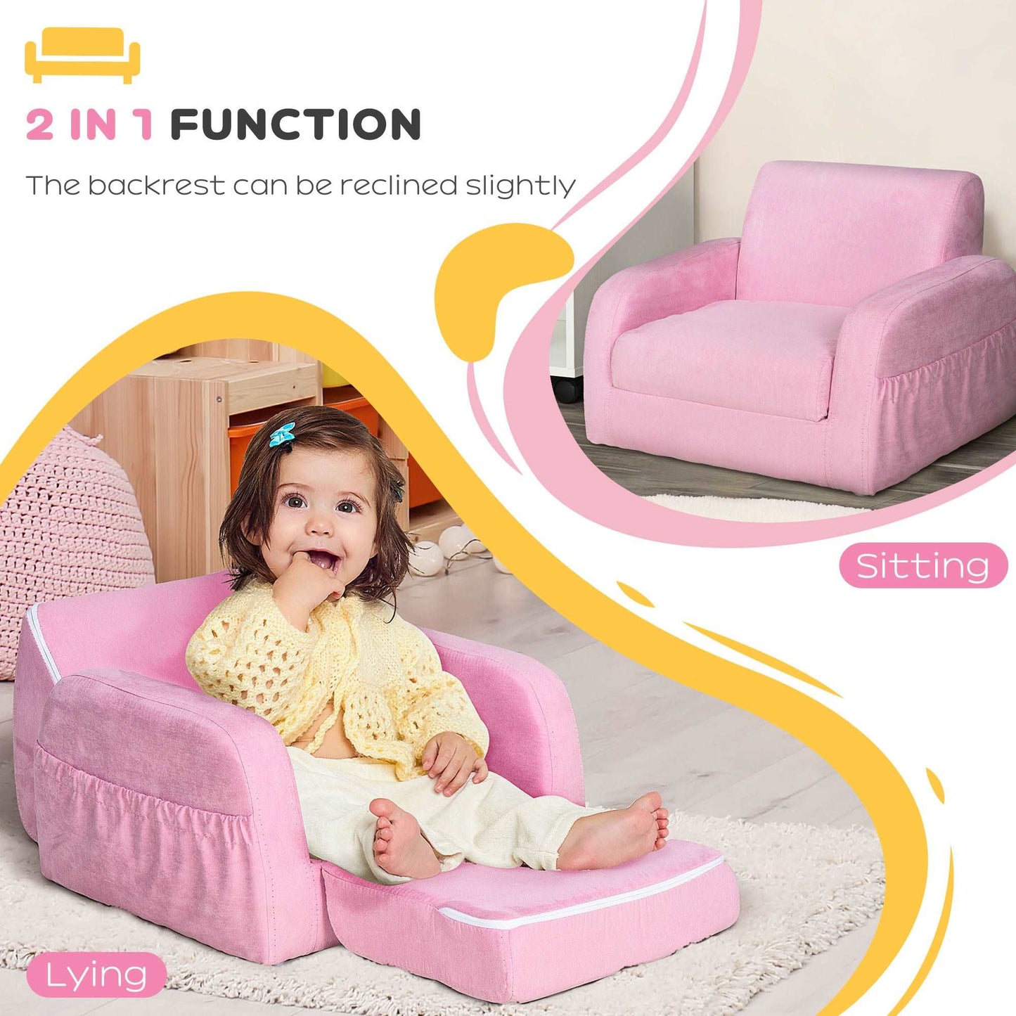 2 In 1 Kids Armchair Sofa Bed Fold Out Padded Wood Frame Bedroom, Pink