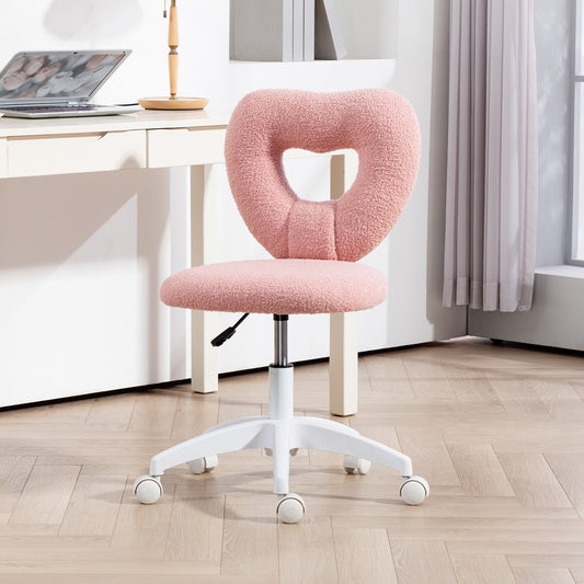 Armless Heart Computer Desk Chair, Teddy Fleece Swivel Office Chair, Makeup Vanity Chair with Height Adjustable, Wheels, for Home Bedroom Pink