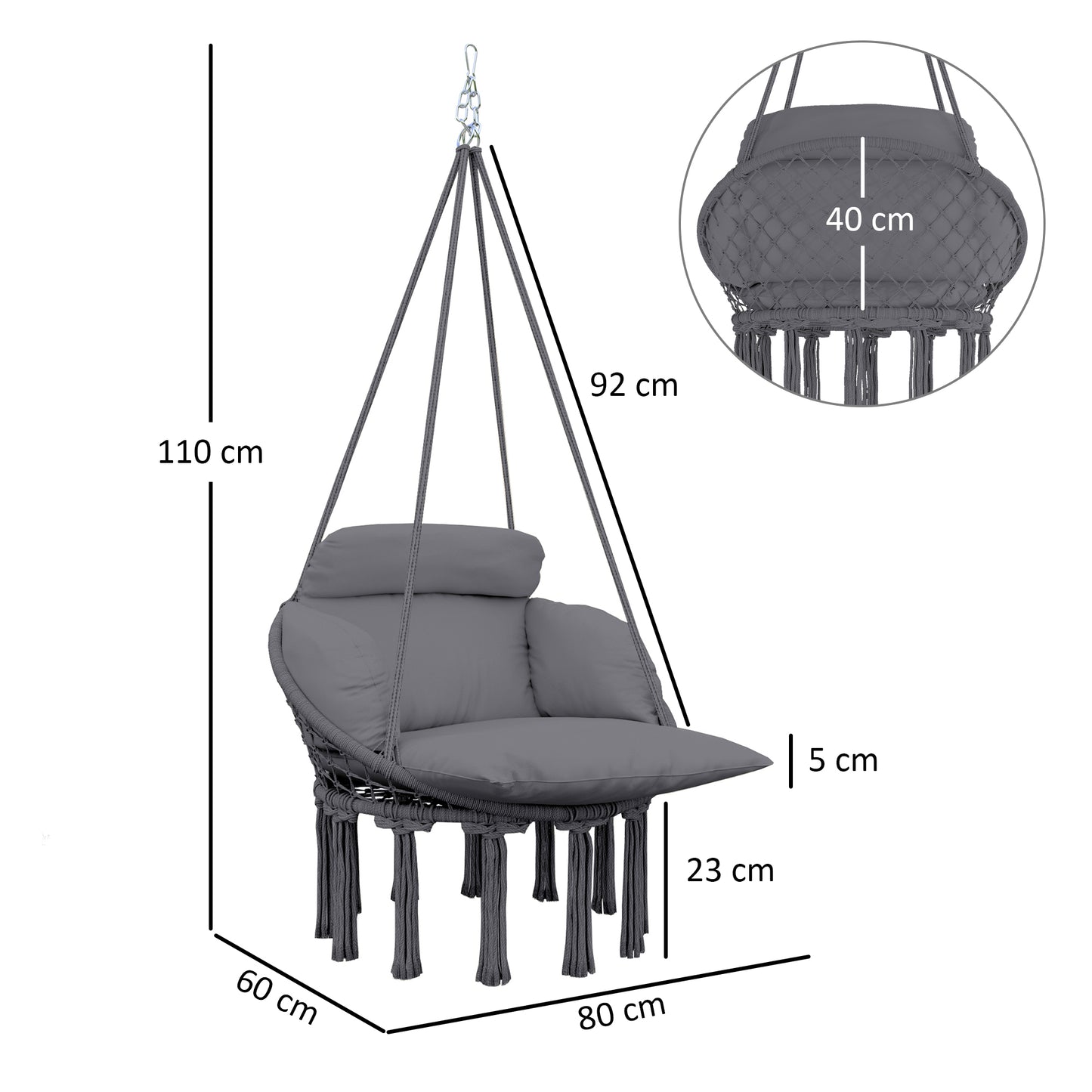 Hanging Chair Indoor Outdoor Hammock Chair with Soft Cushion, Cotton Rope Boho Style Swing Chair, Hanging Garden Swing Seat, Dark Grey