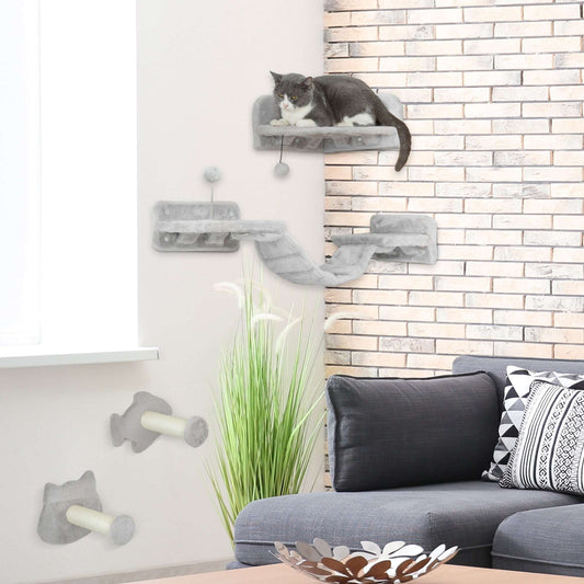 PawHut 4 Piece Cat Wall Shelves W/ Steps, Ladder, Jumping Platforms, Light Grey