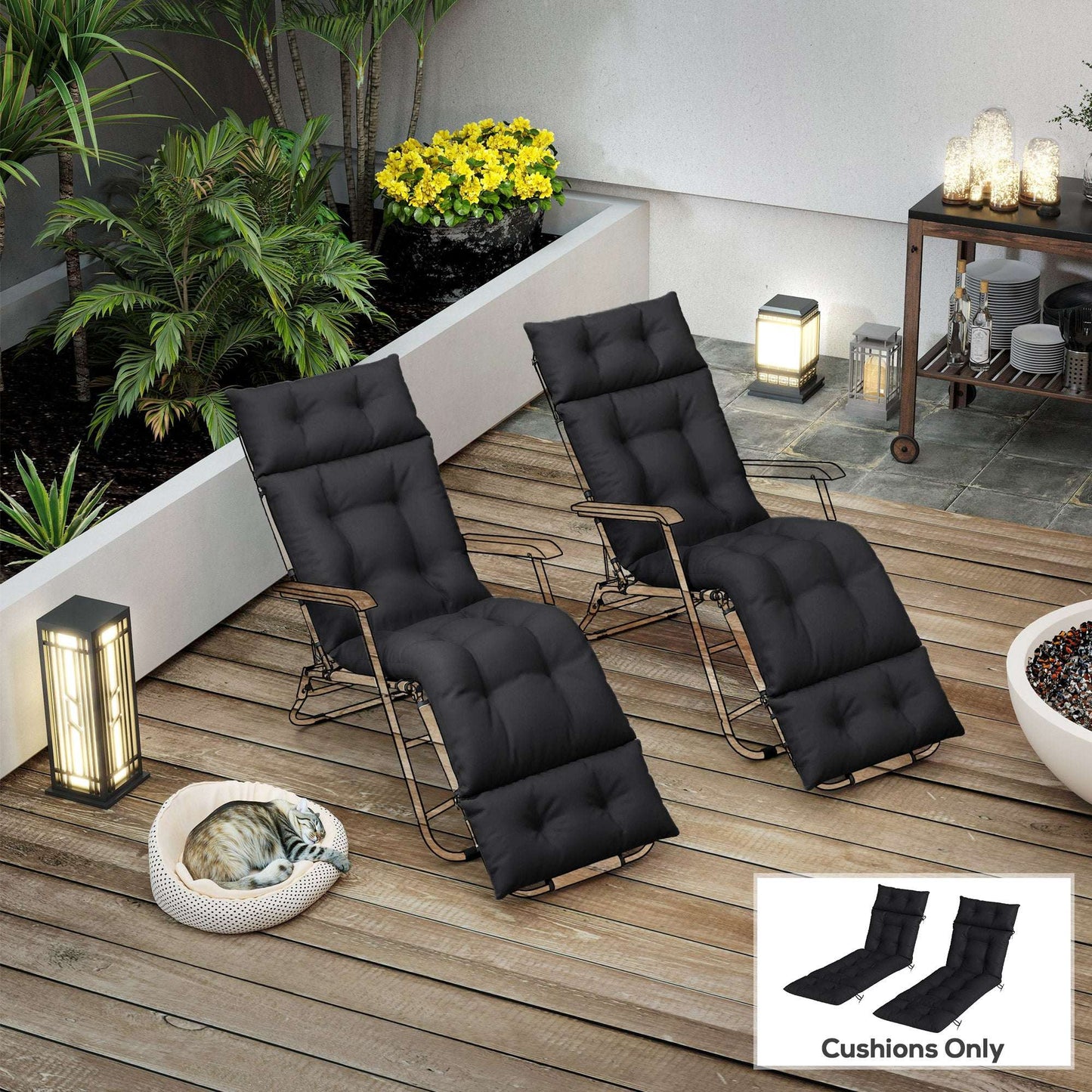 Set of 2 Sun Lounger Cushions | 190x56x10cm | High-Resilience PP Foam | UPF20+ | Fade & Splash Resistant | 220gsm Polyester | 6 Tie Fastenings | Black