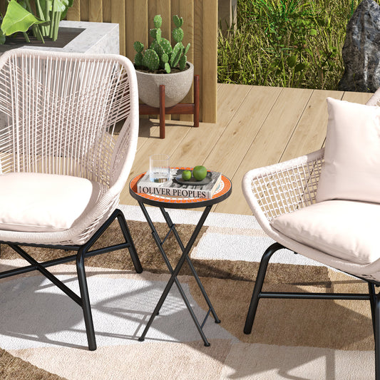 Outsunny Mosaic Outdoor Garden Table, 35.5cm Round Folding Coffee Table with Metal Frame for Balcony Terrace, Orange