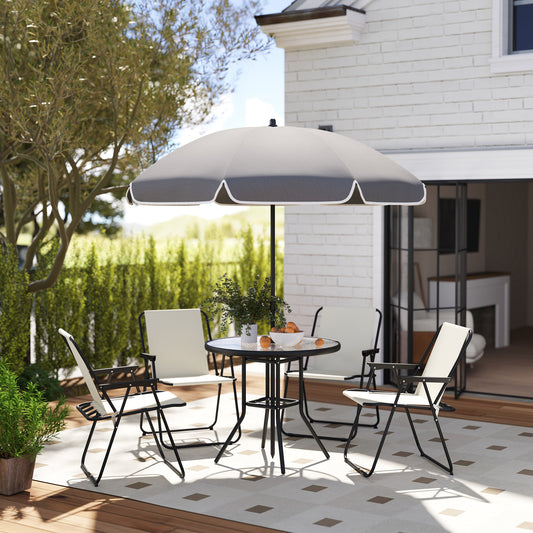 Outsunny 4 Seater Outdoor Garden Furniture Set, 6 Pieces Table and Chairs W/ Parasol, Folding Chairs and Round Glass Top Table for Patio, Cream White