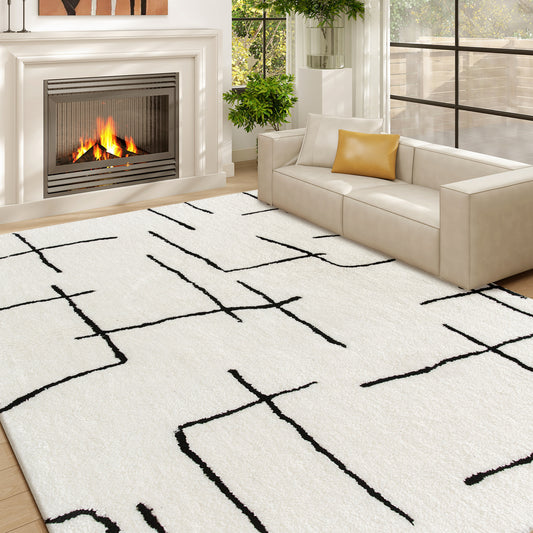 Modern Fluffy Geometric Area Rug | 100% Polyester High Pile | Washable | Cream Abstract Pattern | 170x120cm | Living Room Bedroom Dining Room Home Office