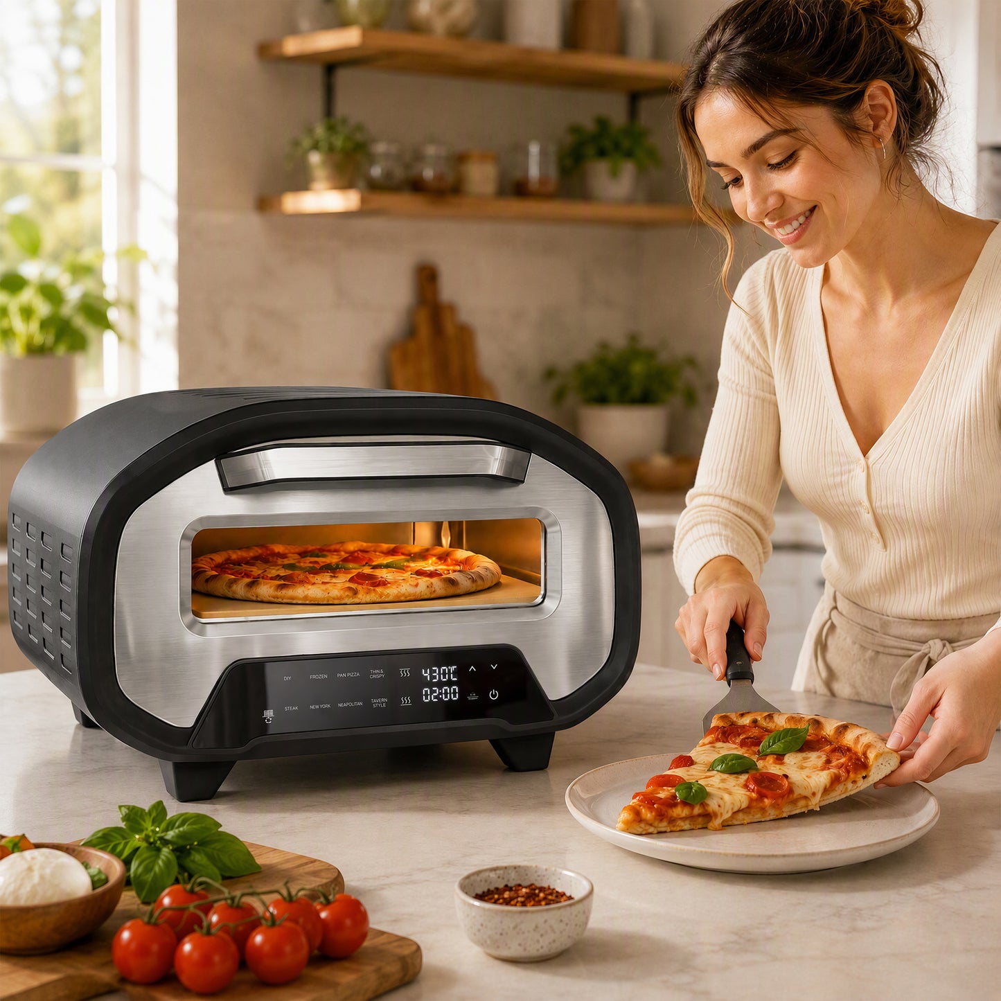 Electric Pizza Oven | 12 Inch | 8 Preset Modes | Ceramic Stone | 2200W | Grey