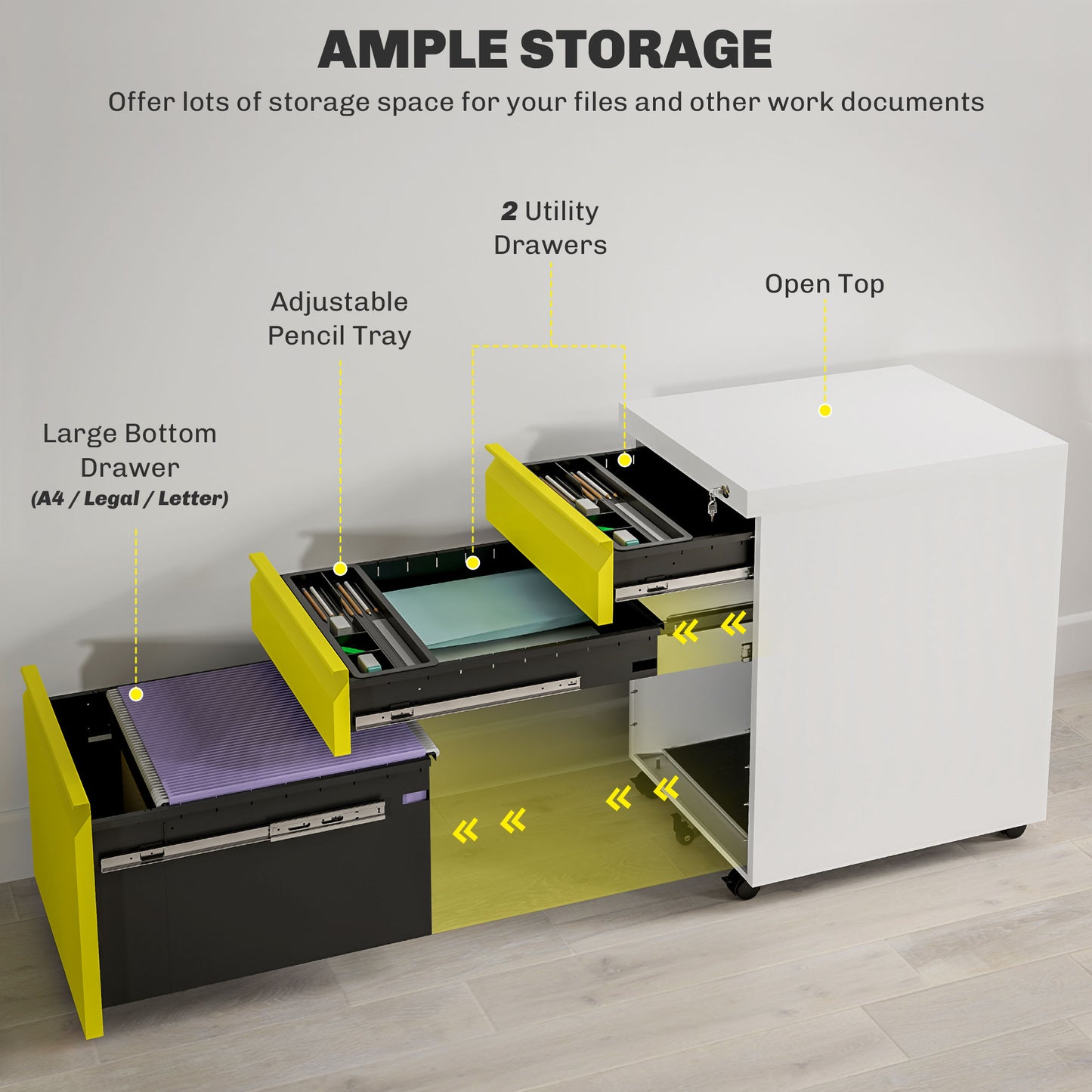 Vinsetto 3 Drawer Filling Cabinet, Mobile Metal File Cabinet with Anti-tilt Design for Letter, A4, Legal Size