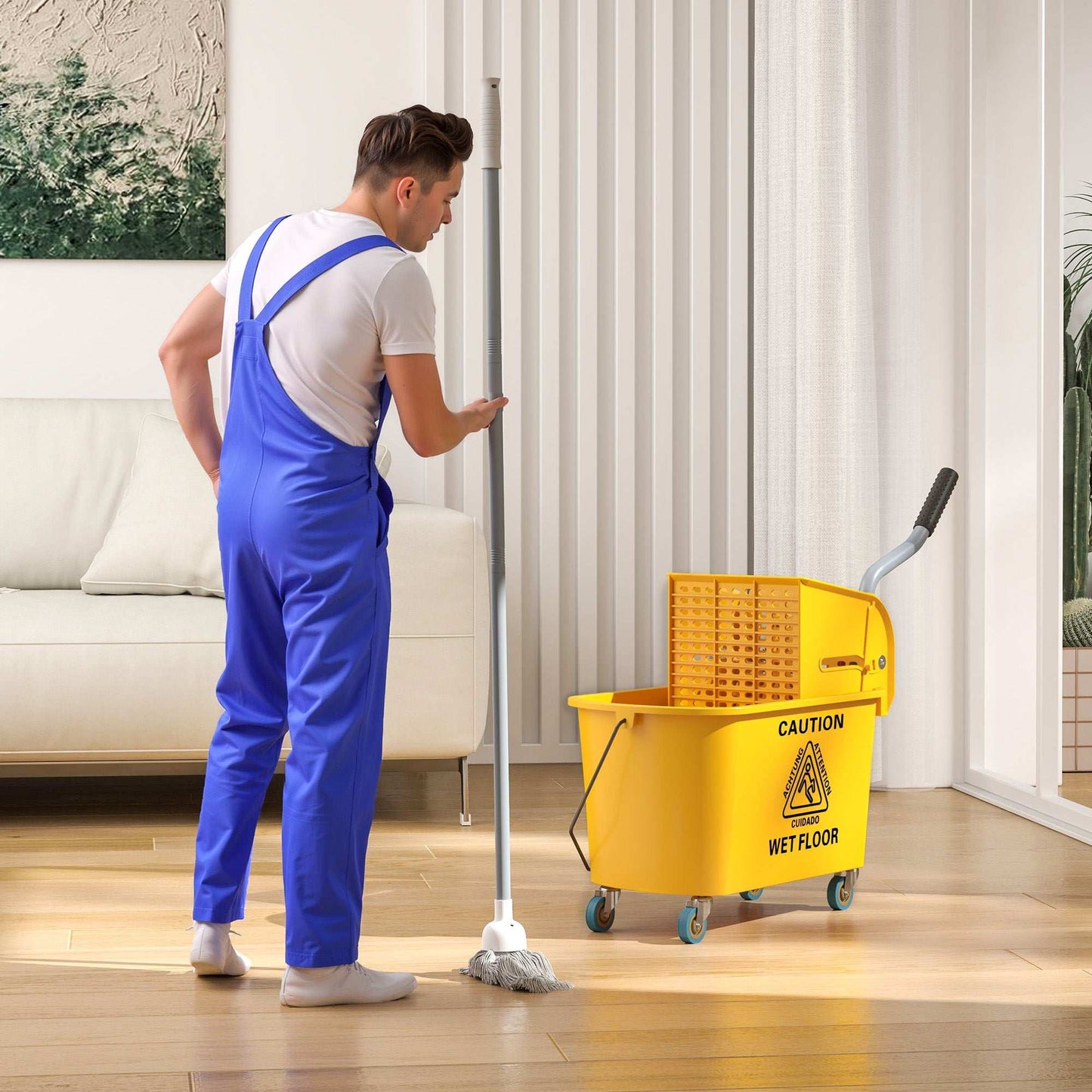 Mop Bucket with Wringer Set on Wheels for Floor Cleaning, 20 Litre Side Press Wringer with Handle and Mop, Yellow