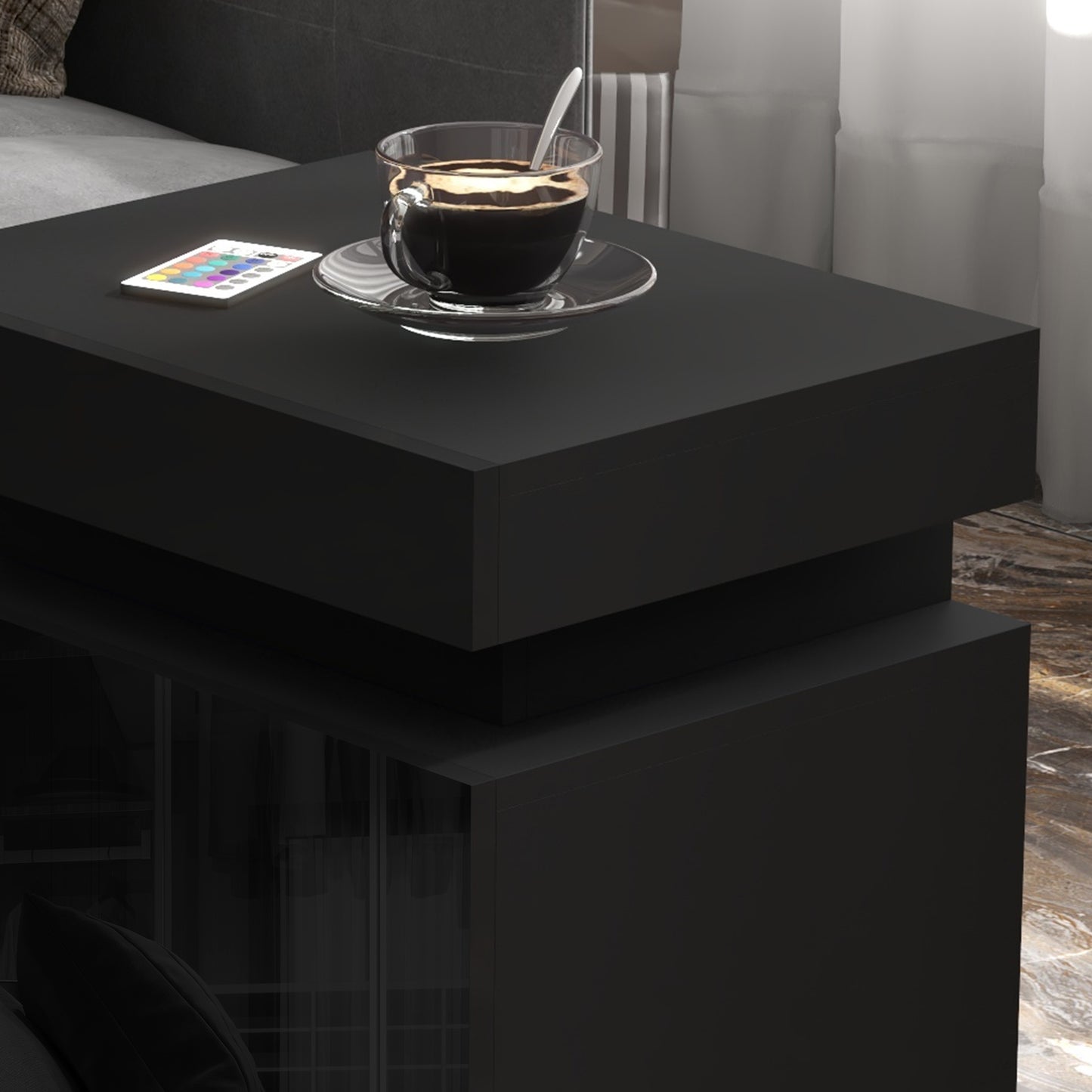 Black Bedside Table with LED Light, High Gloss Front Nightstand with 2 Drawers, for Living Room, Bedroom