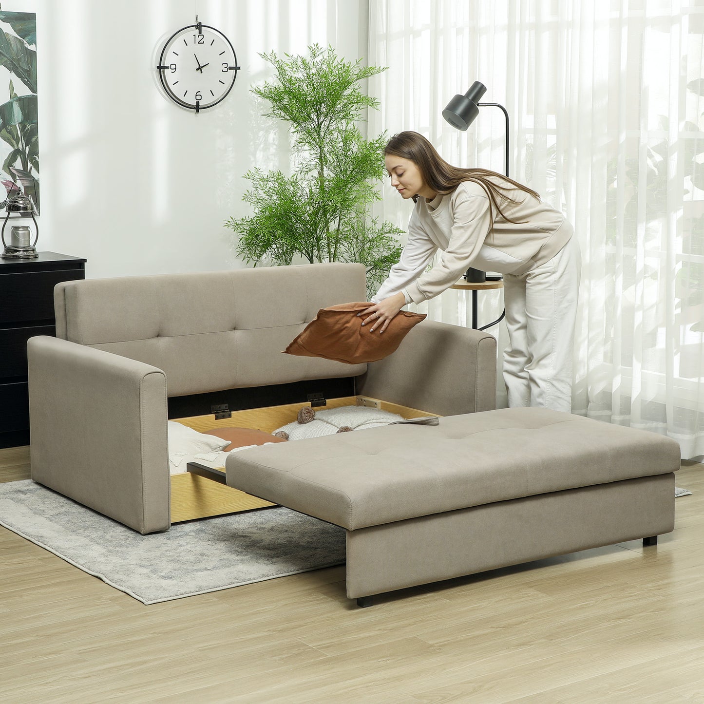 2 Seater Sofa Bed, Convertible Bed Settee, Modern Fabric Loveseat Sofa Couch with 2 Cushions, Hidden Storage for Living Room, Light Brown