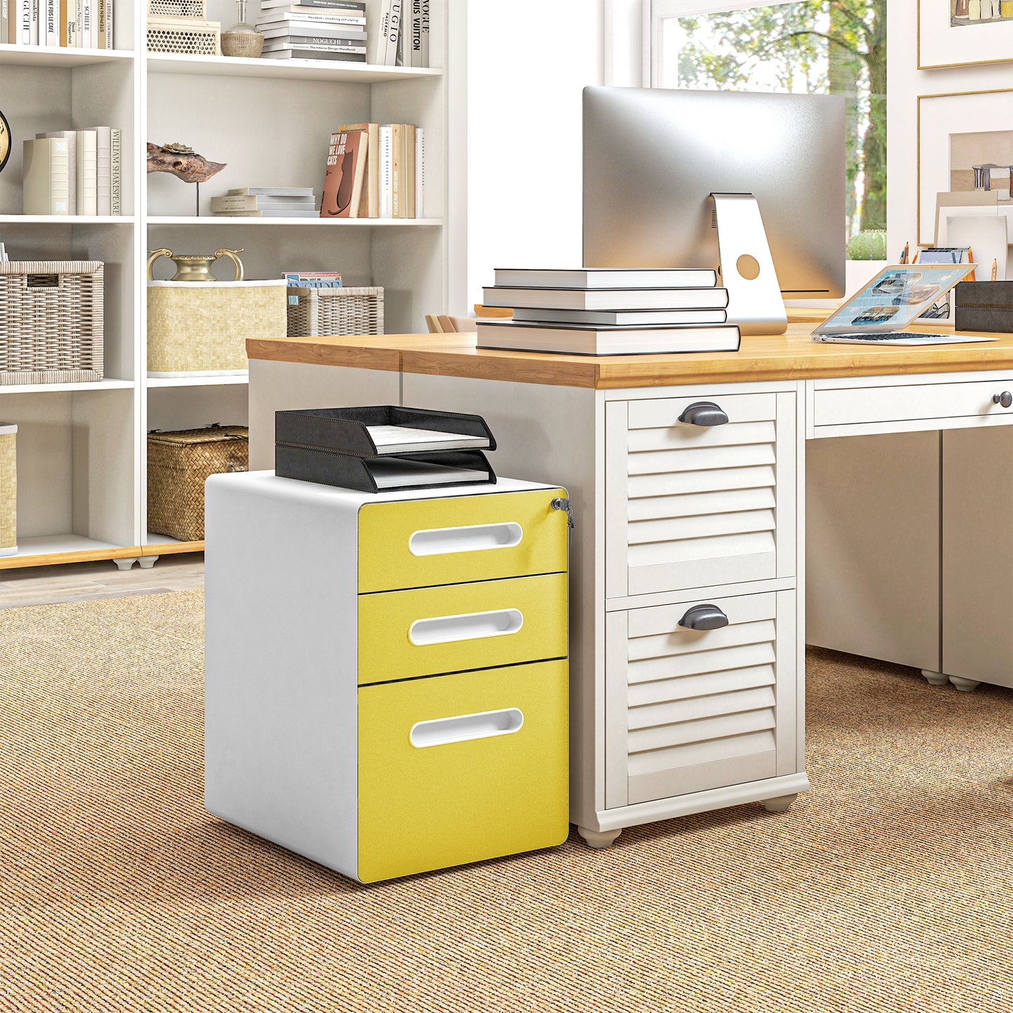 Vinsetto 3 Drawer Filing Cabinet, Steel Lockable File Cabinet with Lock and Wheels, for A4, Letter, Legal Sized Files