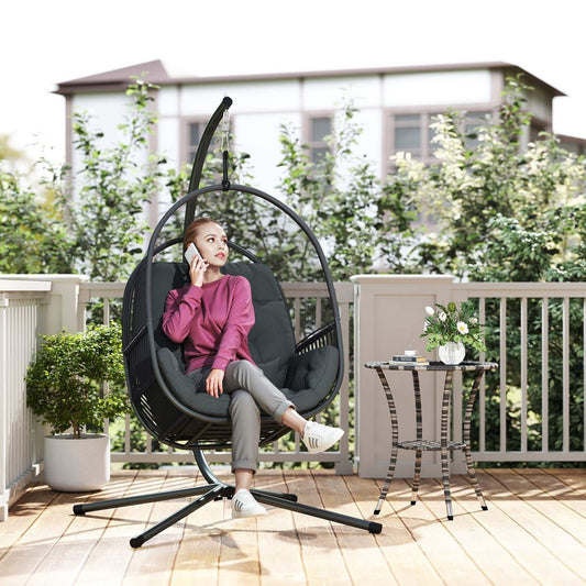 Hanging Egg Chair Outdoor Indoor, Swing Hammock Chair with Stand, Cushions, Lumbar Pillow, Adjustable Height and Steel Frame for Garden Patio