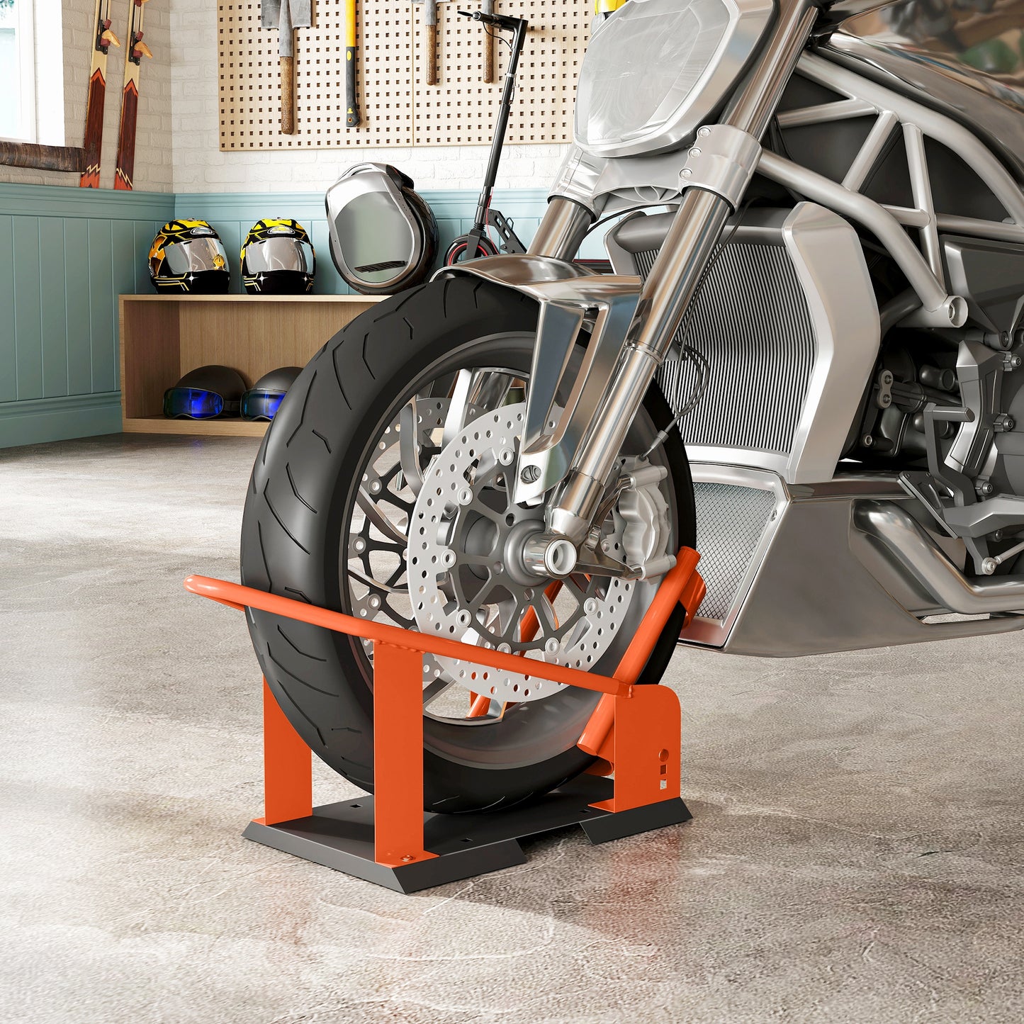 Motorcycle Wheel Chock, 816.5 kg Capacity Heavy Duty Steel Front Wheel Holder W/ 3 Height Adjustable Holes, Fits 381-533.4 mm Wheels