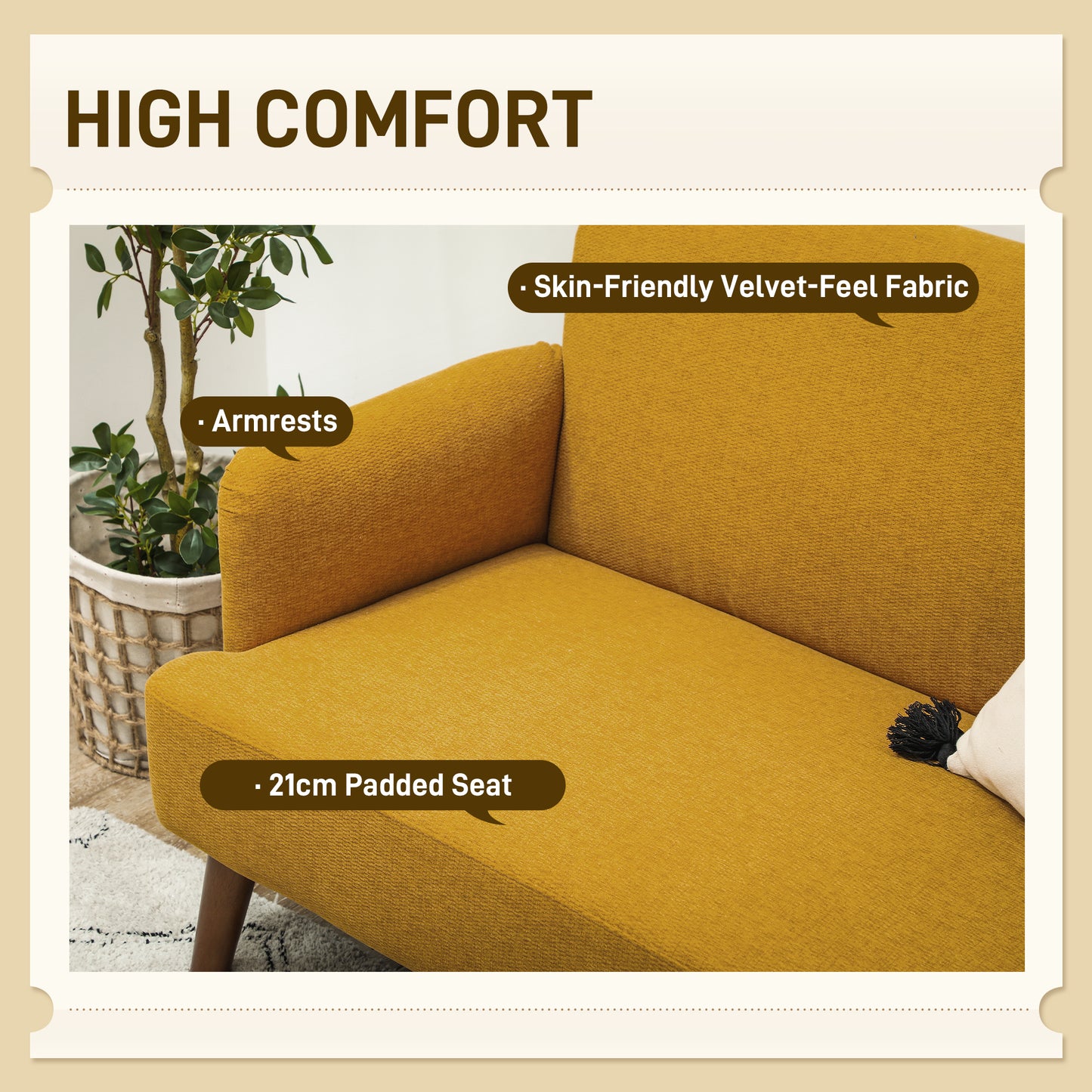 Vintage Retro Style Velvet Feel Fabric 2 Seater Sofa, Small Sofa Loveseat with 21cm Thick Padding and Wood Legs, Yellow