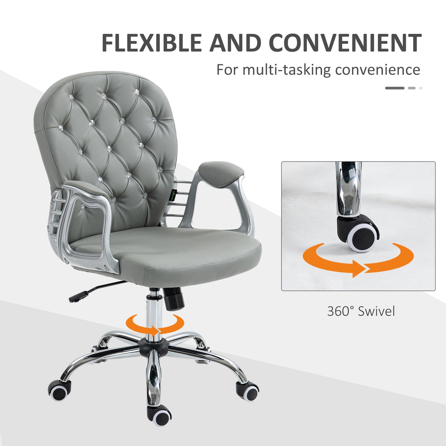 Vinsetto Retro Vintage Style Office Chair Ergonomic 360° Swivel PU Diamante Padded Base 5 Castor Wheels for Home Work Grey