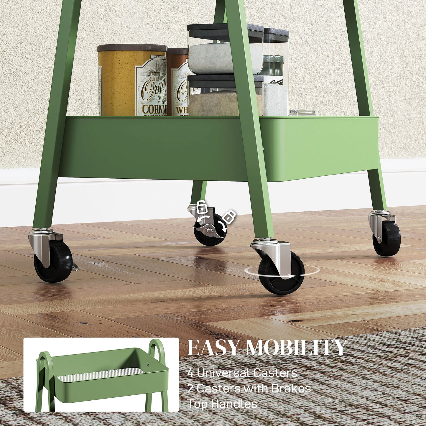 Three-Tier Storage Cart Trolley - Green / Pink