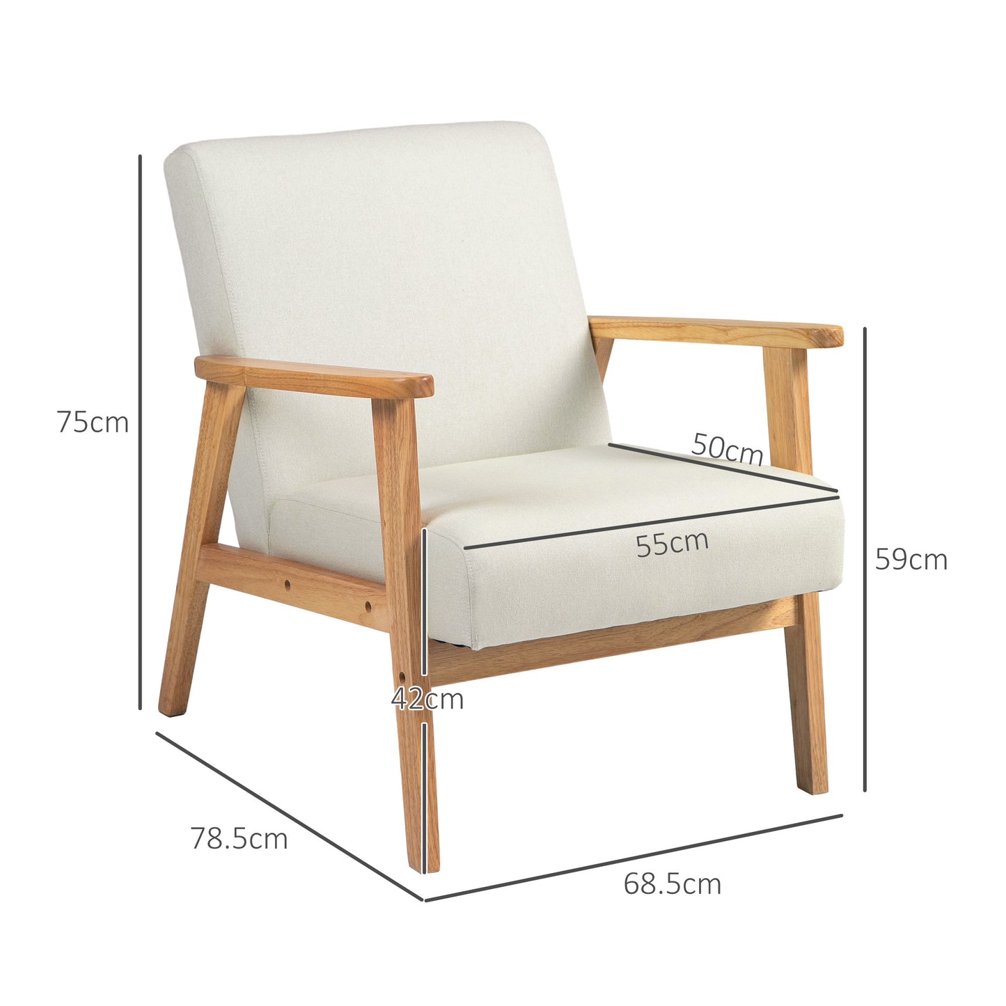 Fabric Accent Chair for Living Room, Arm Chair with Rubber Wood Frame and Padded Cushion, Cream White