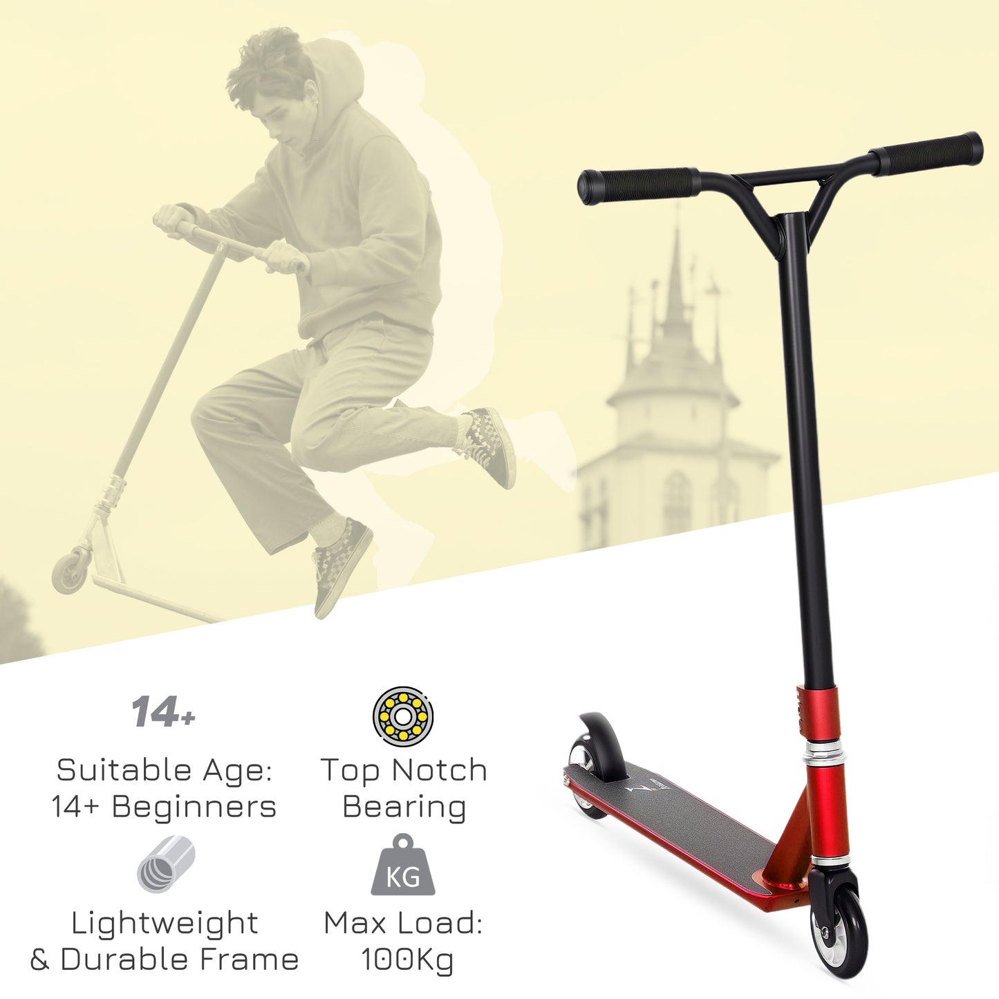 Stunt Scooter, 360° Entry Level Tricks Scooter w/ Lightweight Aluminium Deck and ABEC 7 Bearing, For Age 14+ Beginners, Red / Purple