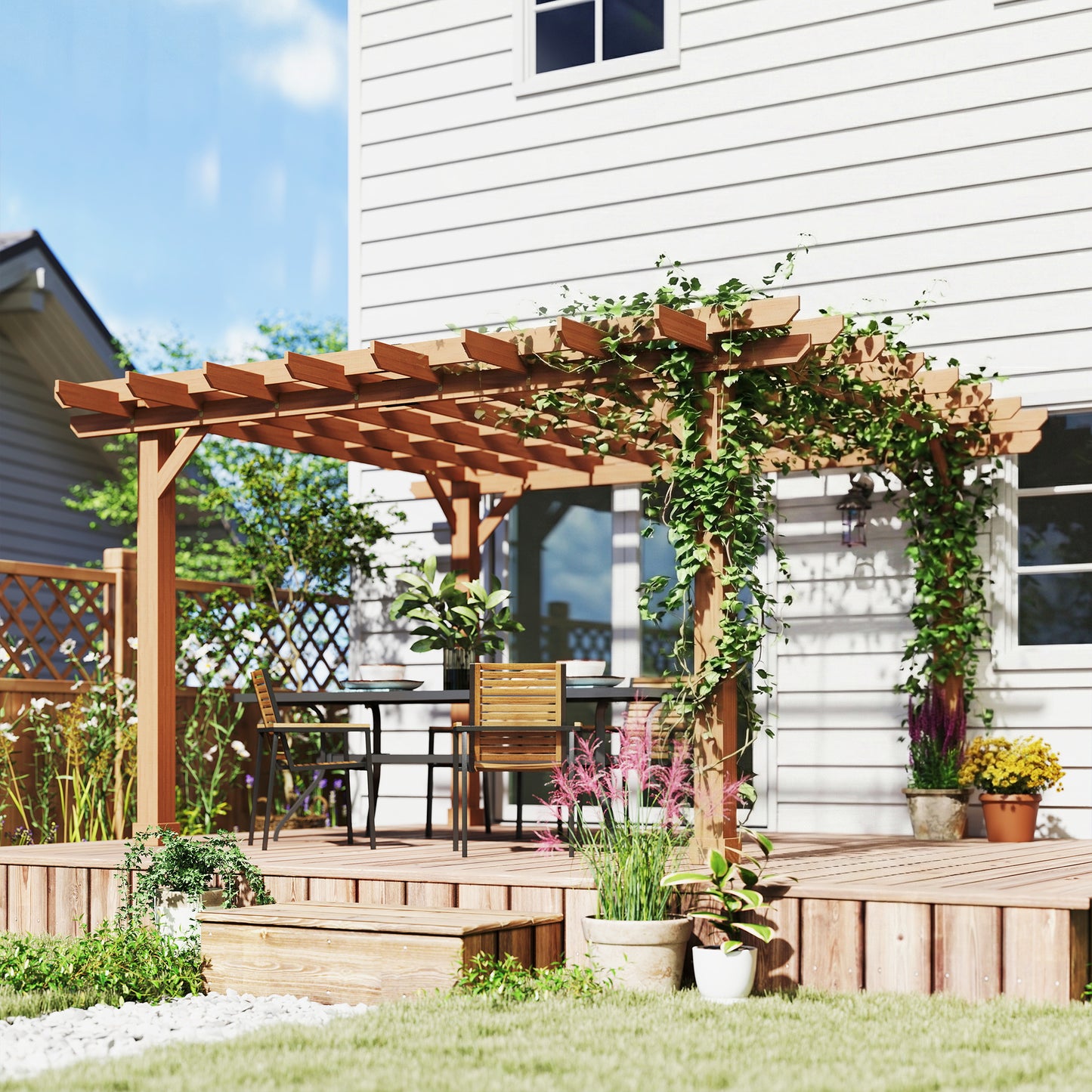 Garden Pergola Kit, Wooden Pergola Gazebo Grape Trellis with Stable Structure, 3.6 x 3.6m, Dark Brown