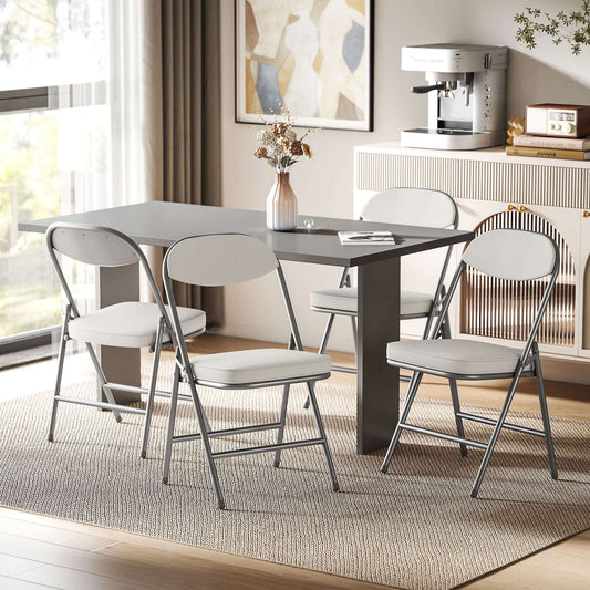 Set of 4 Folding Corduroy Dining Chairs | High Back | Padded Seat & Back | Steel Frame | Foldable | 120kg | No Assembly | Cream