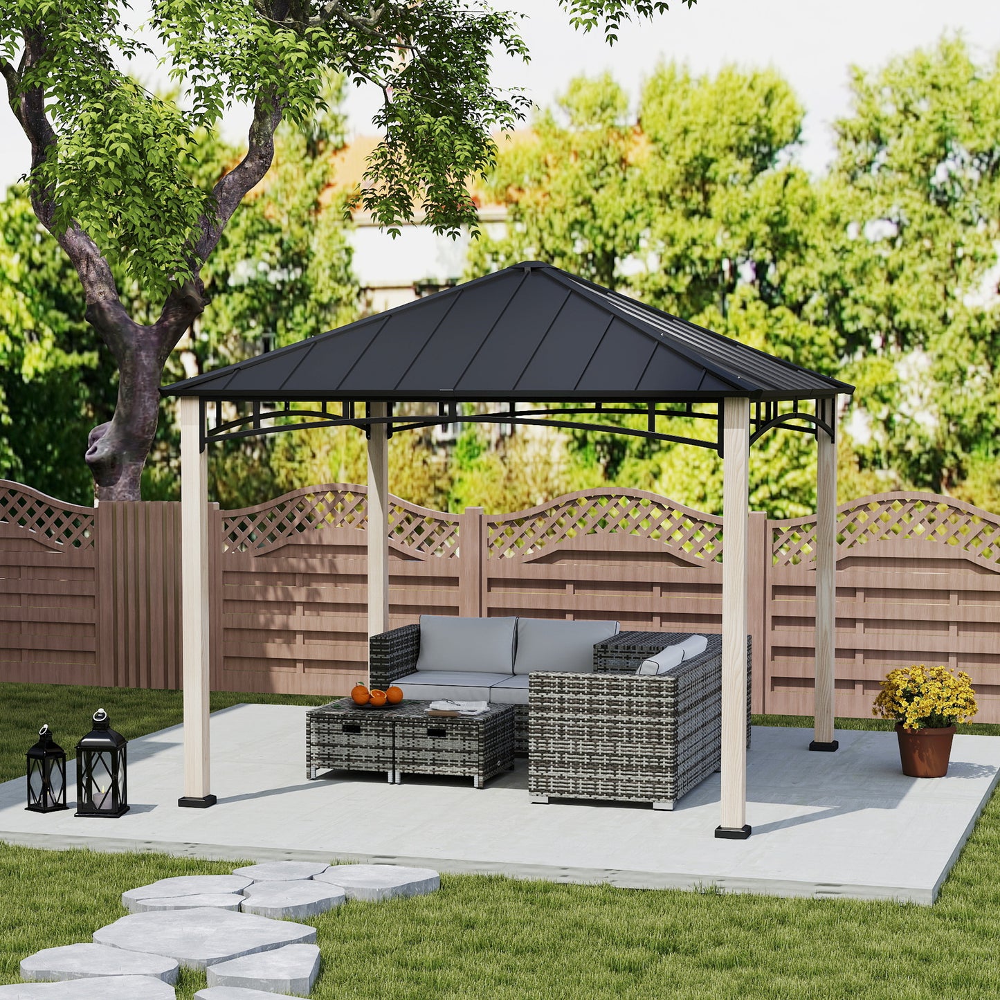 3 x 3(m) Hardtop Gazebo Canopy with Galvanised Metal Roof, Garden Gazebo Permanent Pavilion with Wood Grain Strong Columns