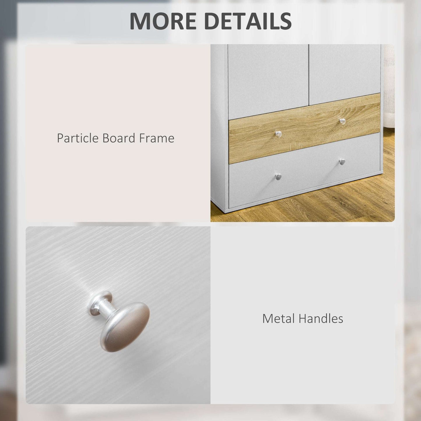 2 Door Wardrobe White Wardrobe with Drawers and Hanging Rod for Bedroom Clothes Organisation and Storage