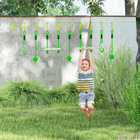 AIYAPLAY 3 Piece Kids Zip Line Kit for Garden, 10m Kids Slackline Kit with Wooden Monkey Bars, Metal Rings, Gripping Balls, Green