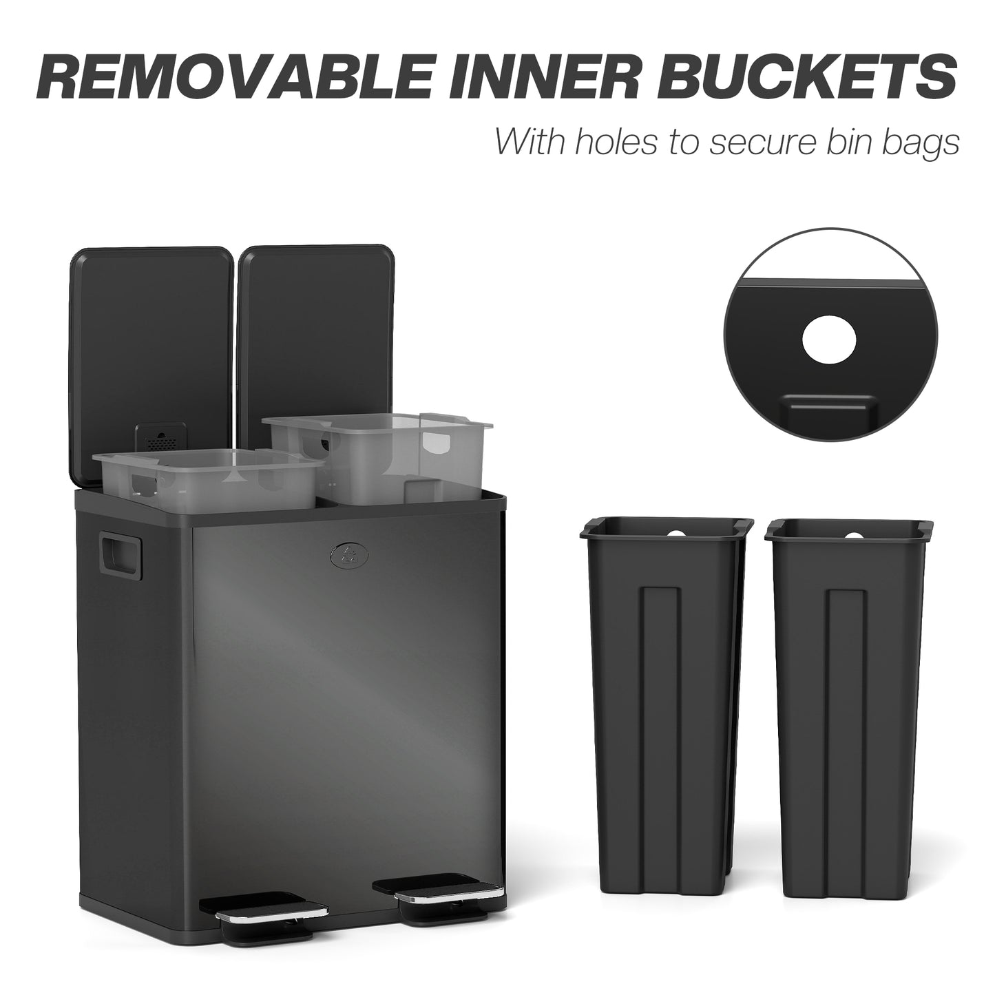 40L 2 x 20 Litre Dual Compartment Stainless Steel Bin, with Deodoriser Holders - Glossy Black