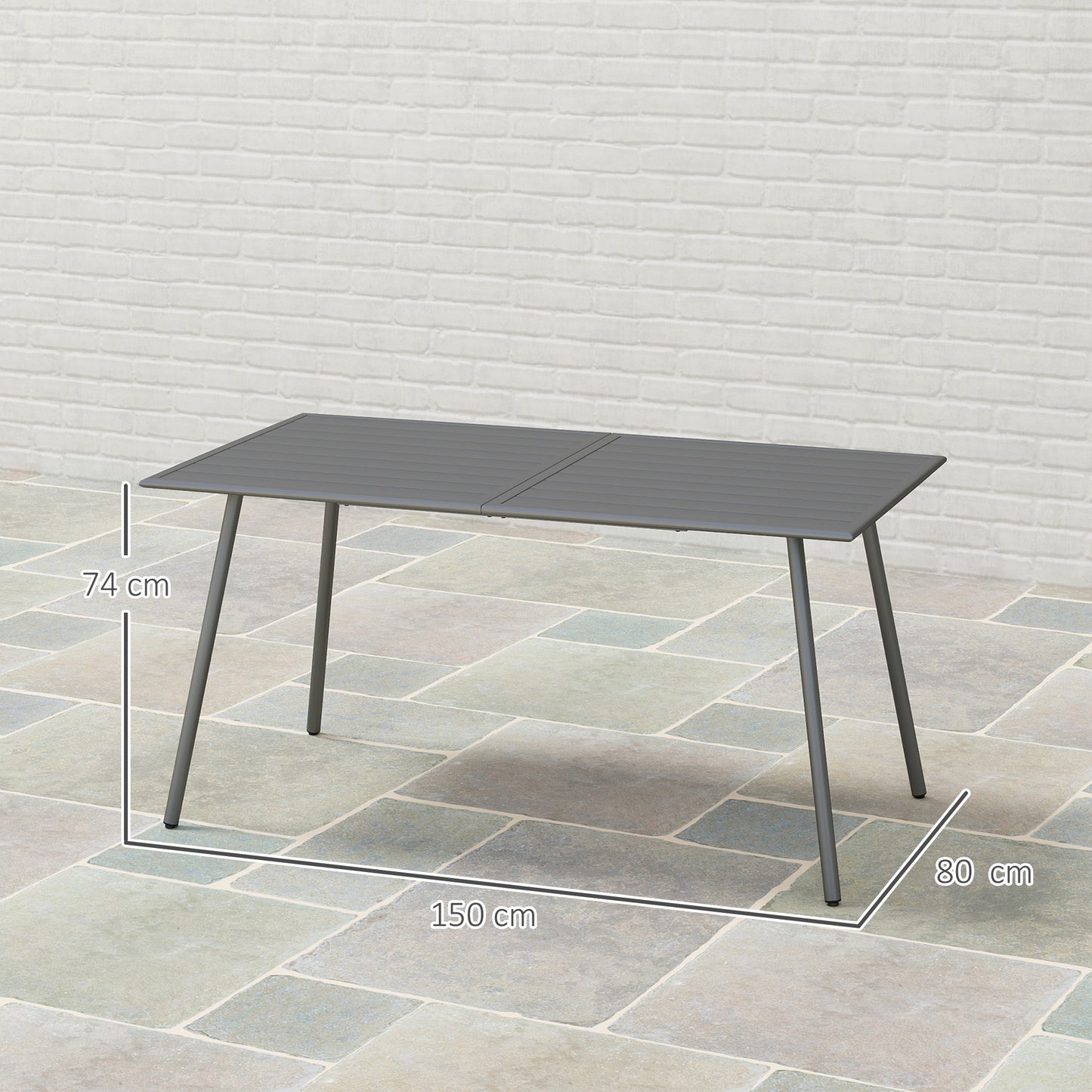 Outsunny Rectangle Garden Table with Slat Top, Steel Frame, Outdoor Table for 6 Person, 150 x 80 x 74 cm, Grey