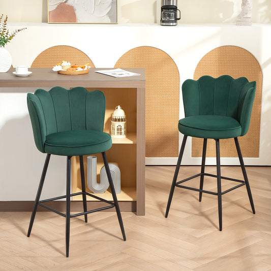 Set of Two Velvet-Feel Lotus Bar Stools - Dark Green / Grey