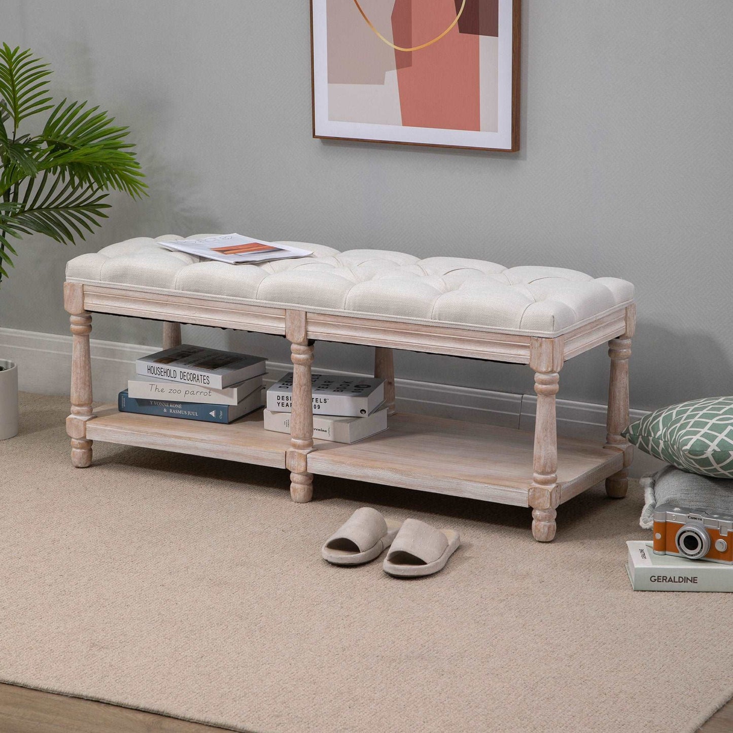 2 Tier Shoe Rack Bench with Button Tufted Upholstered Cushion, Vintage Bed End Bench, Wooden Window Seat for Hallway, Living Room, Cream White