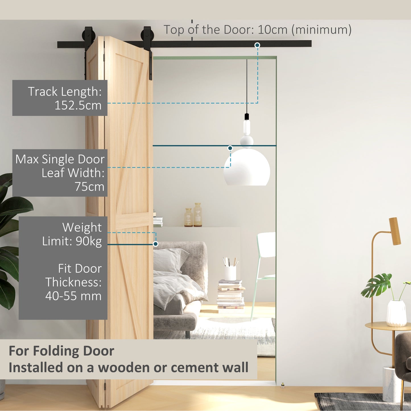 5FT/152.5CM Bi-Folding Sliding Barn Door Hardware Track Kit, Heavy Duty Sliding Door Kit for 2 Doors with J Shape Hanger